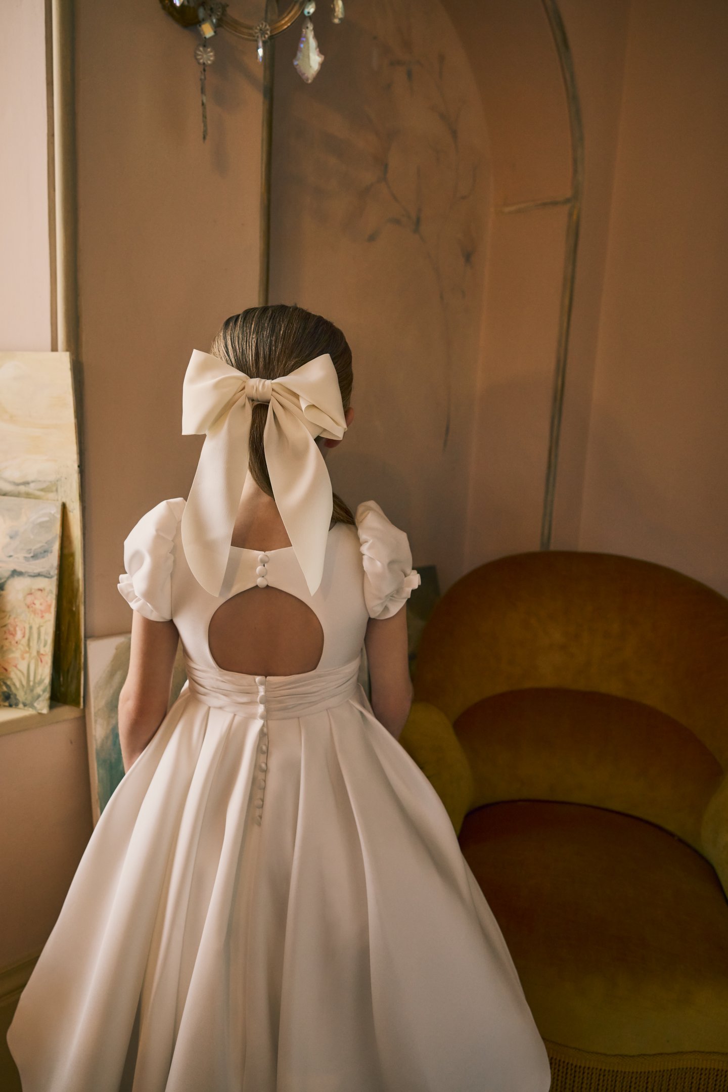 Fable by Justin Alexander Style FG005A Josie Mikado A-Line Tea Length Dress with Gathered Puff Sleeves, Pleated Cummerbund, and Keyhole Back.