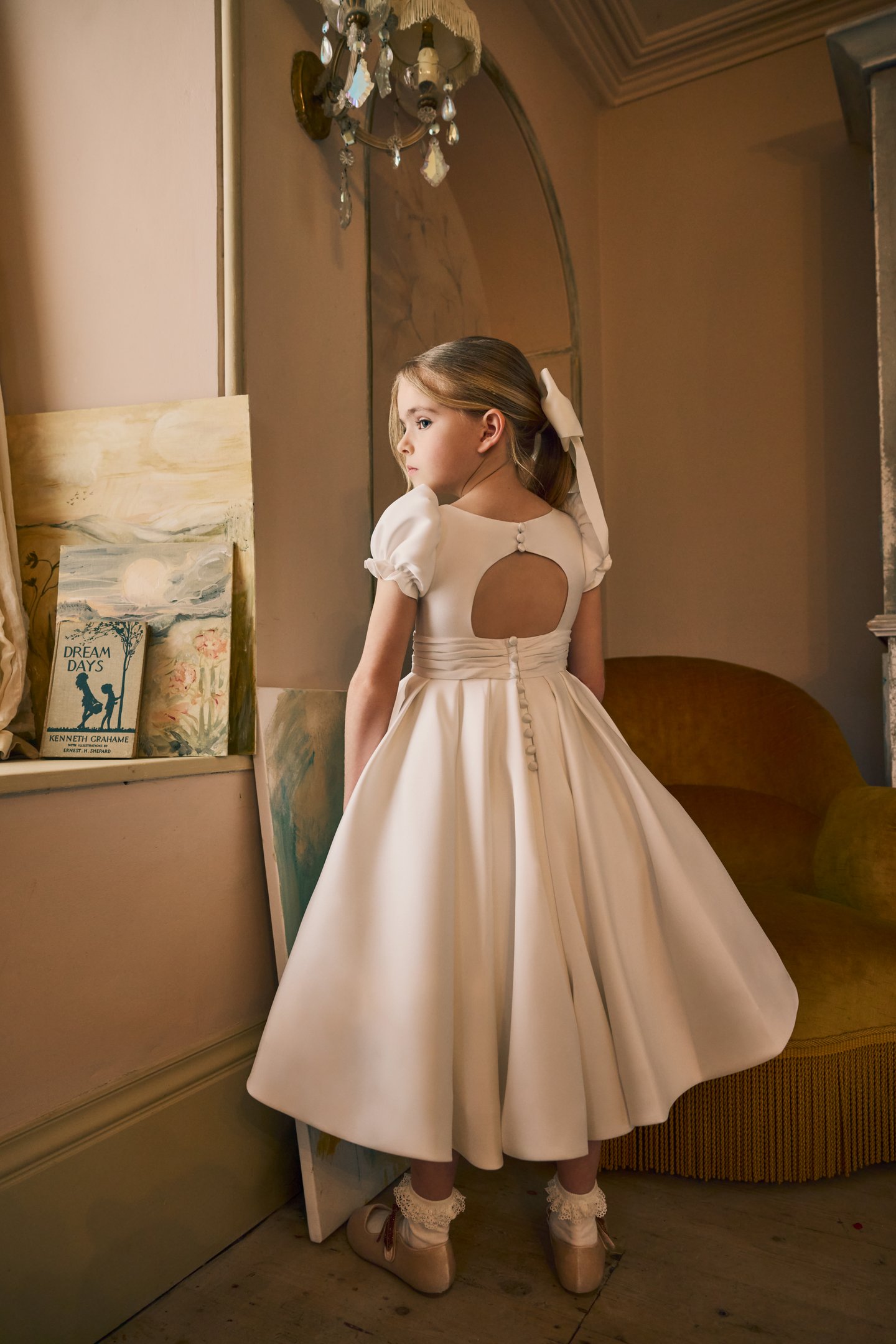 Fable by Justin Alexander Style FG005A Josie Mikado A-Line Tea Length Dress with Gathered Puff Sleeves, Pleated Cummerbund, and Keyhole Back.