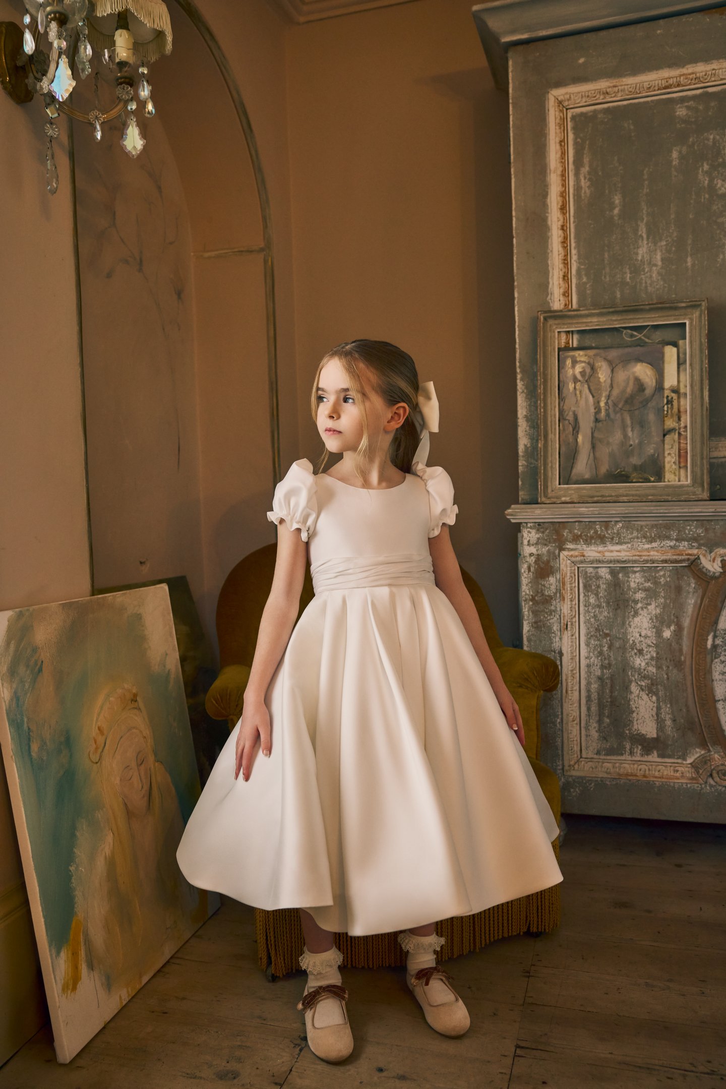 Fable by Justin Alexander Style FG005A Josie Mikado A-Line Tea Length Dress with Gathered Puff Sleeves, Pleated Cummerbund, and Keyhole Back.