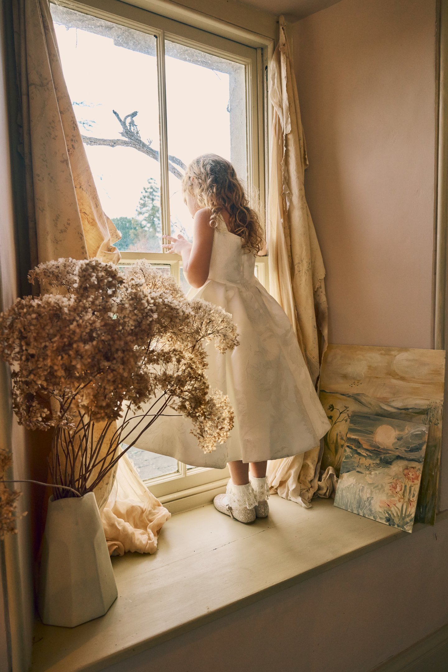 Fable by Justin Alexander Style FG006 Etta Brocade A-Line Tea Length Dress with Basque Waistline