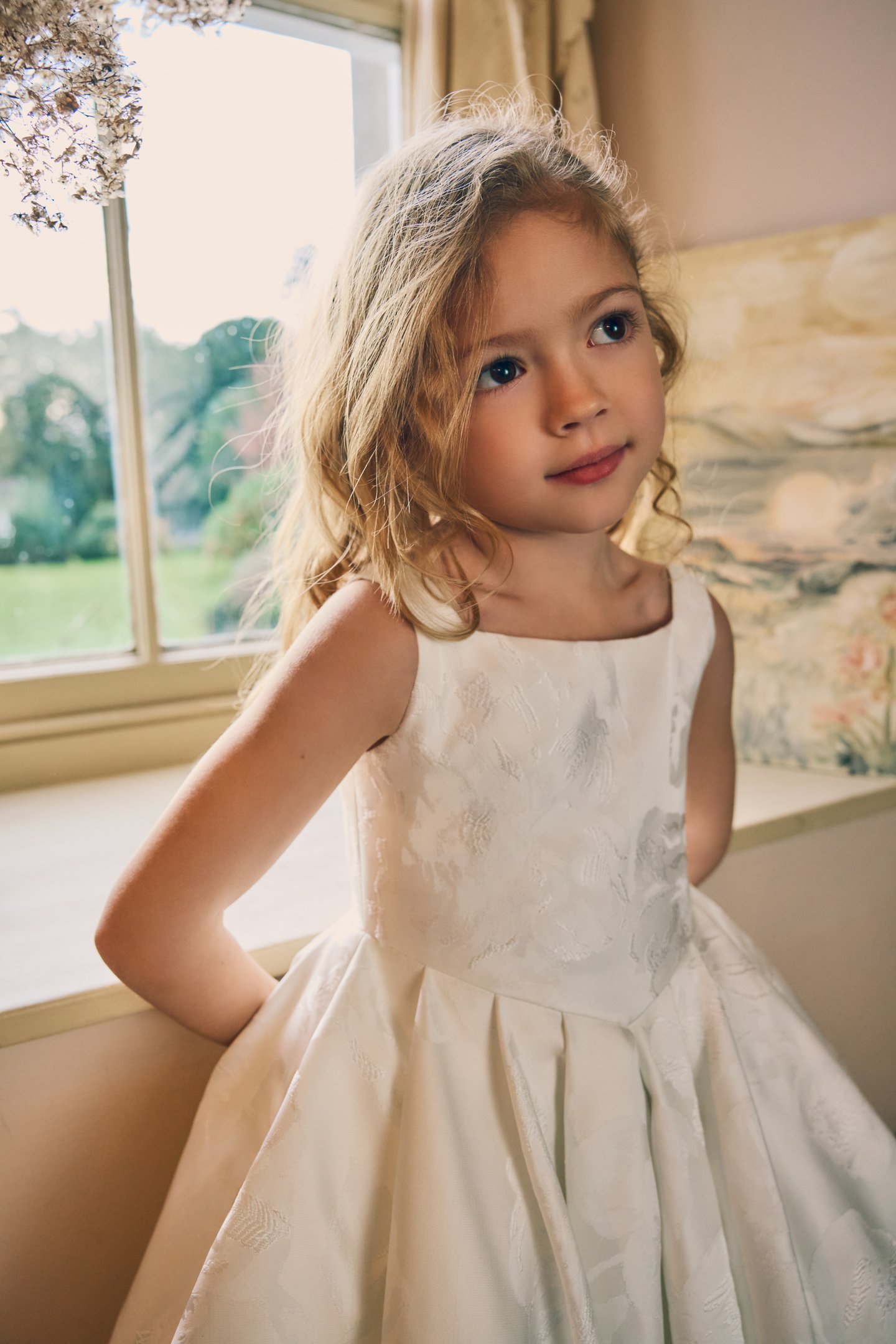 Fable by Justin Alexander Style FG006 Etta Brocade A-Line Tea Length Dress with Basque Waistline