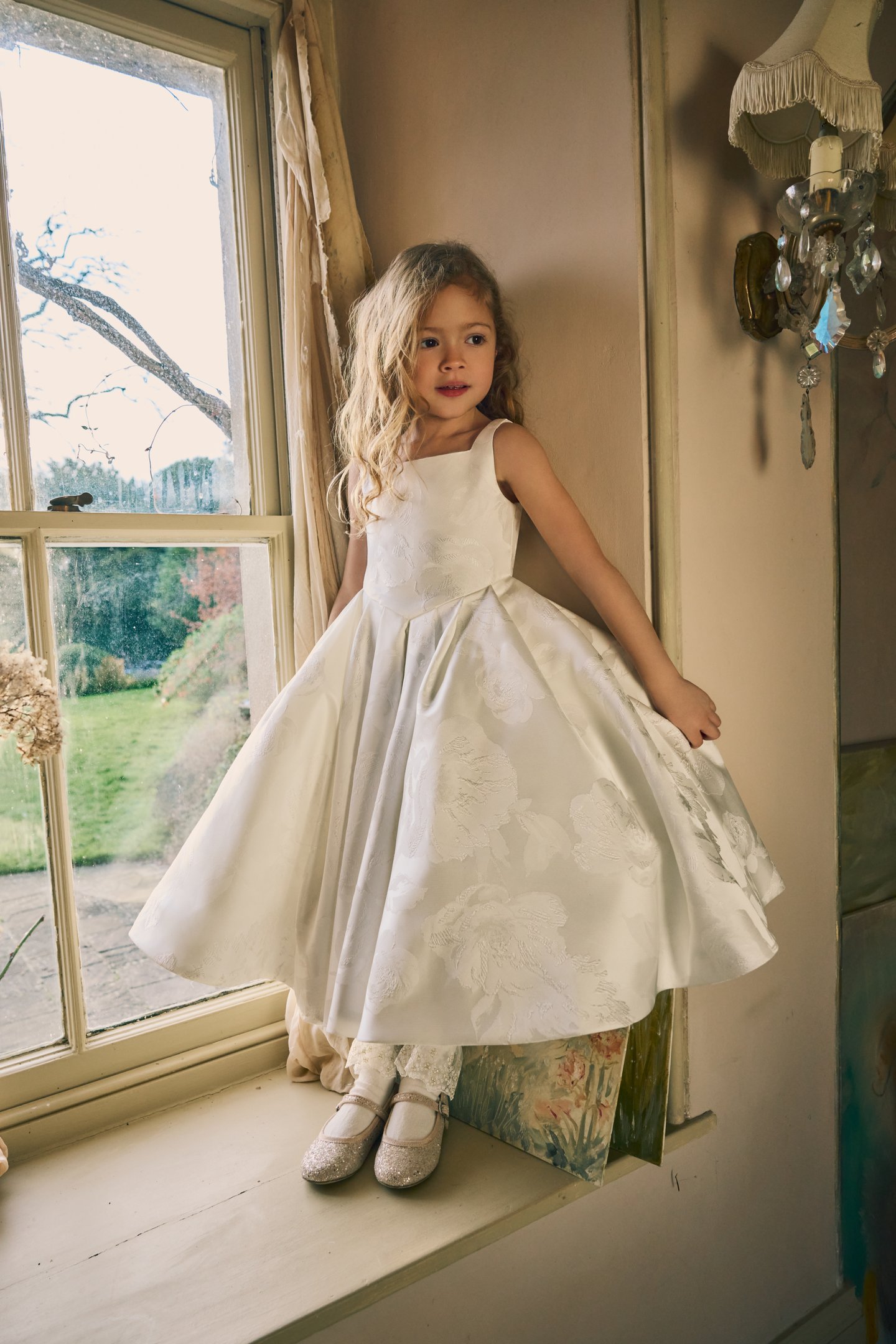 Fable by Justin Alexander Style FG006 Etta Brocade A-Line Tea Length Dress with Basque Waistline