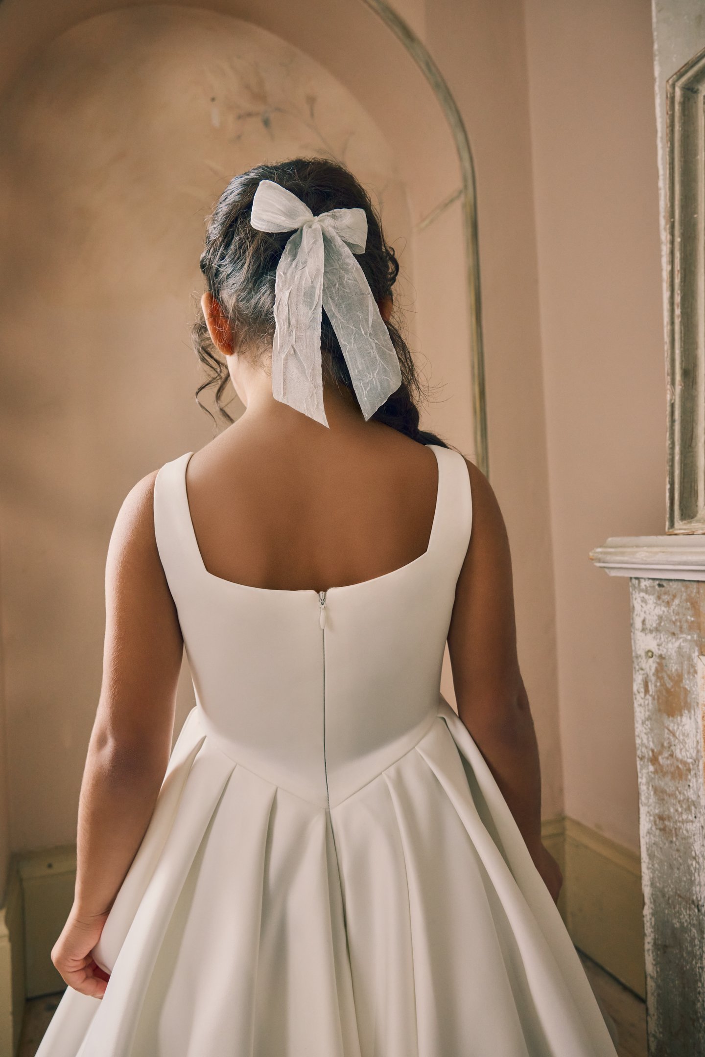 Fable by Justin Alexander Style FG006A Etta Satin A-Line Tea Length Dress with Basque Waistline