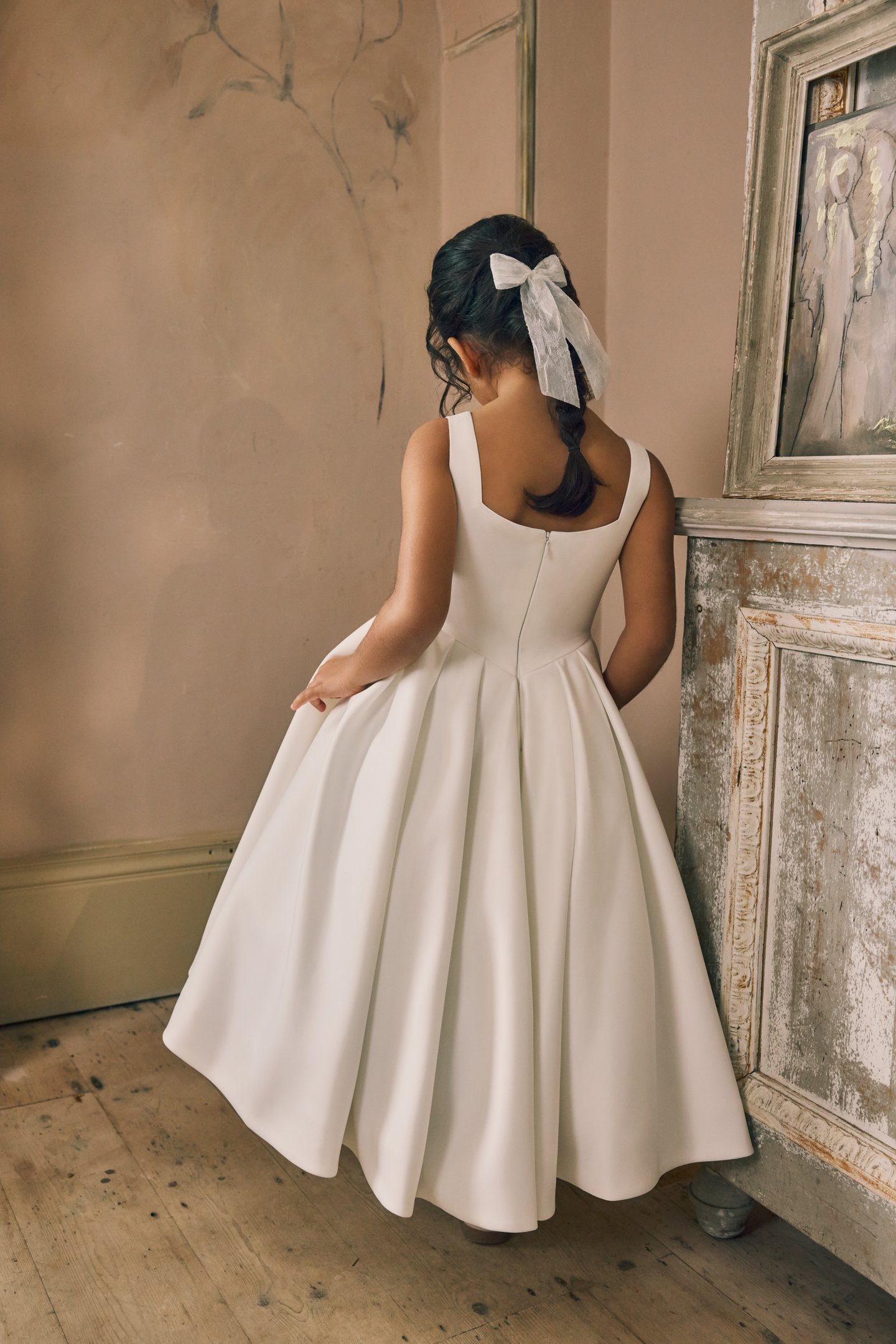 Fable by Justin Alexander Style FG006A Etta Satin A-Line Tea Length Dress with Basque Waistline