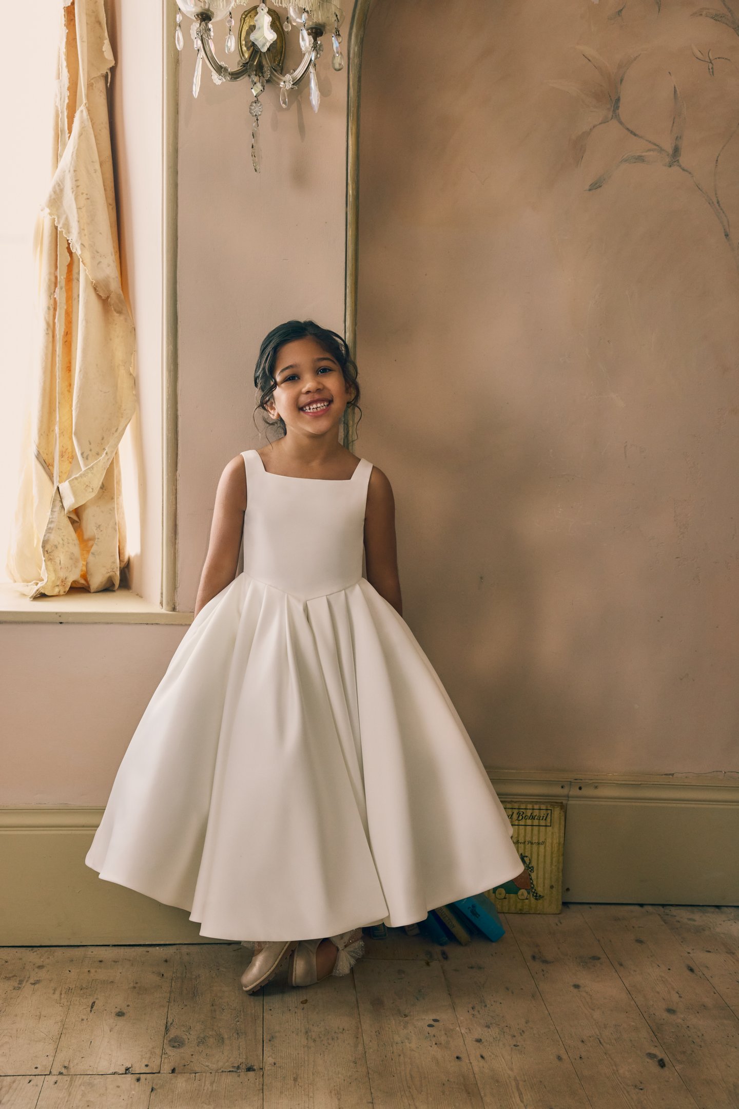 Fable by Justin Alexander Style FG006A Etta Satin A-Line Tea Length Dress with Basque Waistline