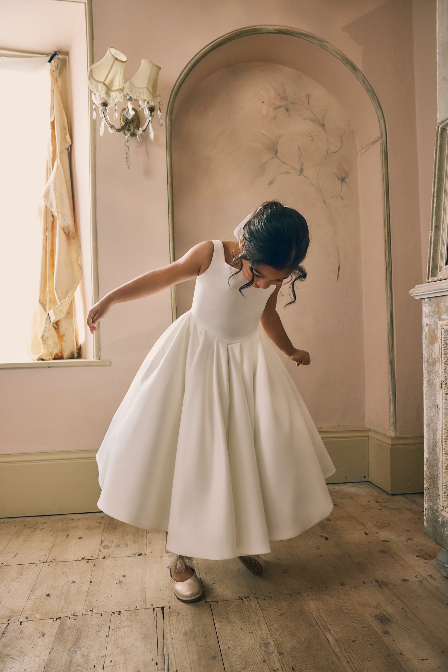 Fable by Justin Alexander Style FG006A Etta Satin A-Line Tea Length Dress with Basque Waistline