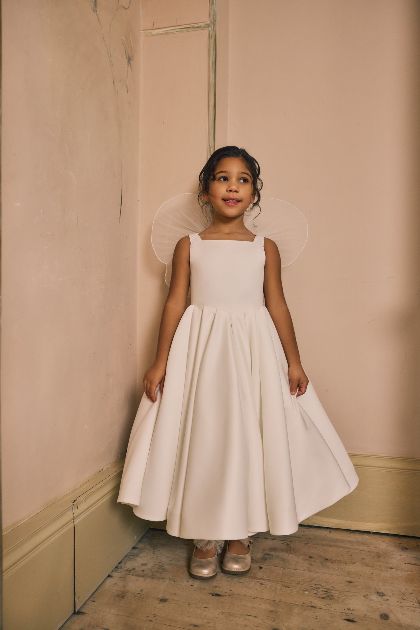 Fable by Justin Alexander Style FG006A Etta Satin A-Line Tea Length Dress with Basque Waistline