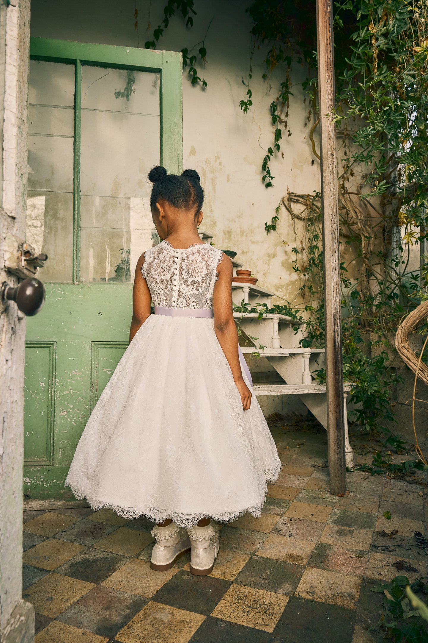 Fable by Justin Alexander Style FG007 Blossom Chantilly Lace Tea Length A-Line Dress with Illusion Back and Eyelash Trim at Neckline and Hem