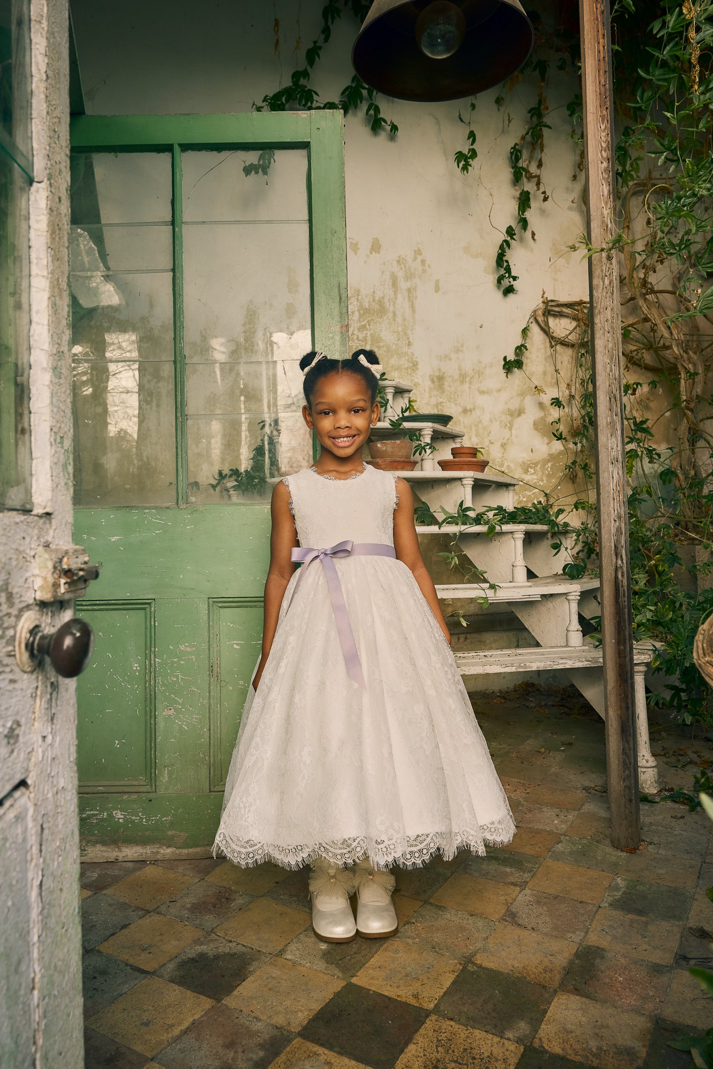 Fable by Justin Alexander Style FG007 Blossom Chantilly Lace Tea Length A-Line Dress with Illusion Back and Eyelash Trim at Neckline and Hem