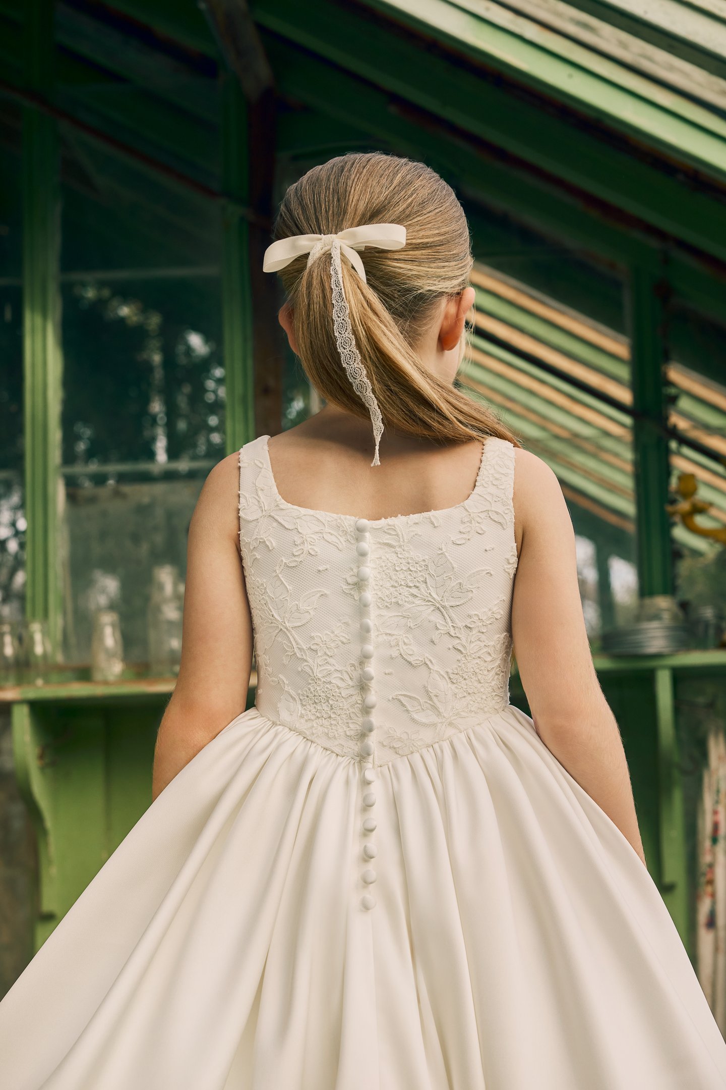 Fable by Justin Alexander Style FG008 Jojo Alençon Lace Bodice with Tea Length Mikado Skirt with Bubble Hem