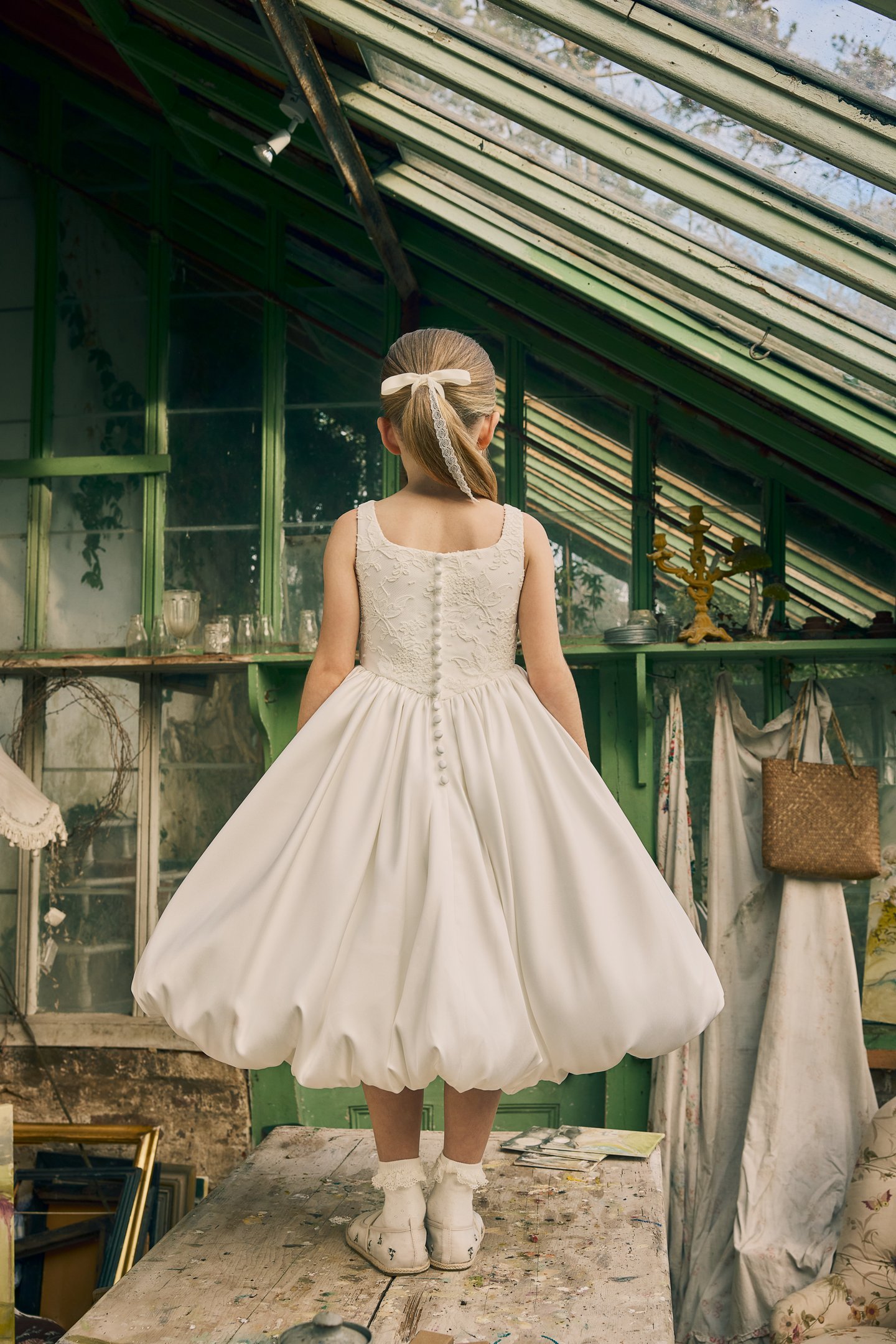 Fable by Justin Alexander Style FG008 Jojo Alençon Lace Bodice with Tea Length Mikado Skirt with Bubble Hem