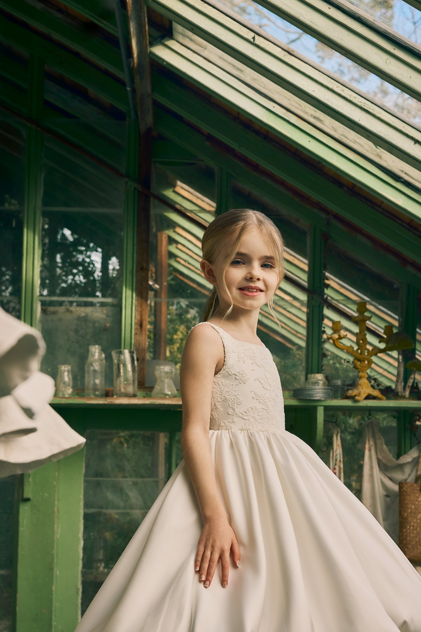 Fable by Justin Alexander Style FG008 Jojo Alençon Lace Bodice with Tea Length Mikado Skirt with Bubble Hem