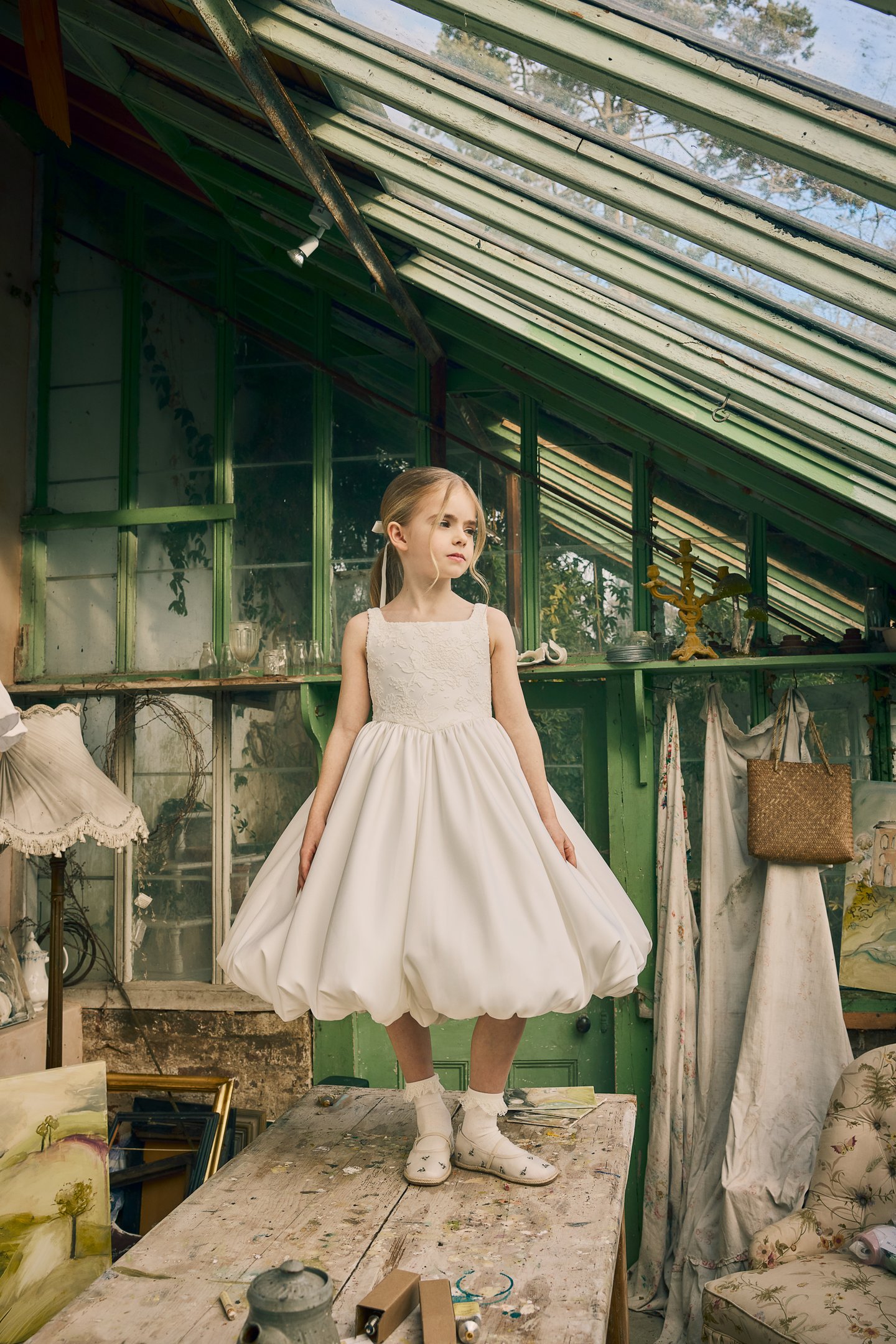Fable by Justin Alexander Style FG008 Jojo Alençon Lace Bodice with Tea Length Mikado Skirt with Bubble Hem