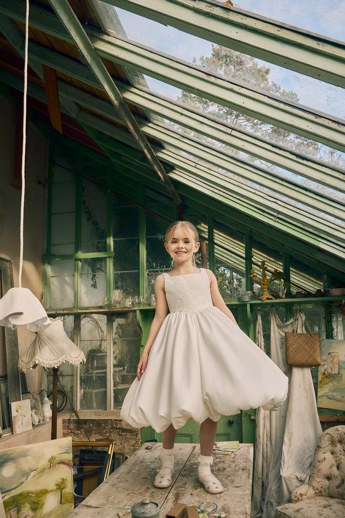 Fable by Justin Alexander Style FG008 Jojo Alençon Lace Bodice with Tea Length Mikado Skirt with Bubble Hem