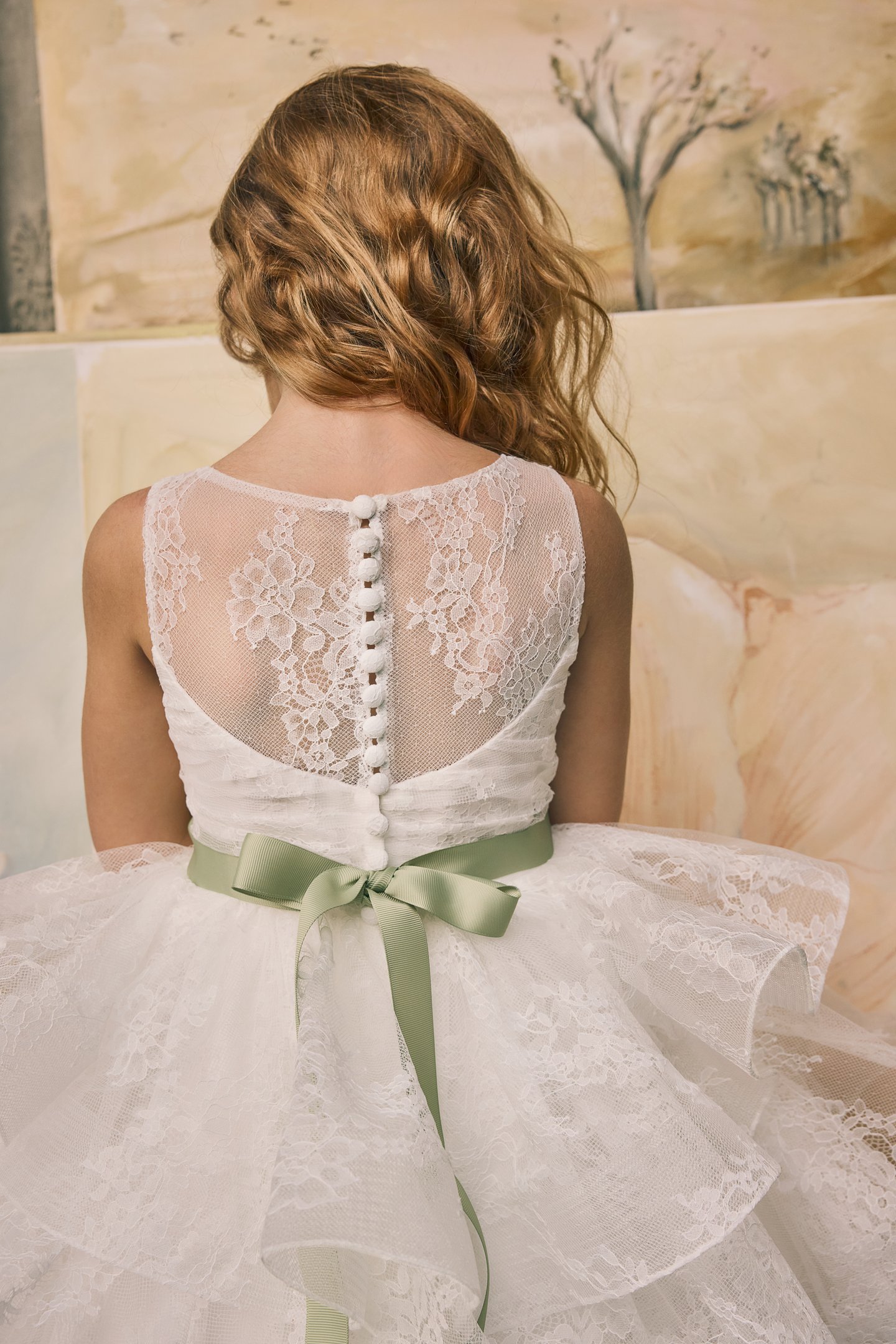 Fable by Justin Alexander Style FG009 Nyah Chantilly Lace Tea Length Ball Gown with Ruffled Tiered Skirt