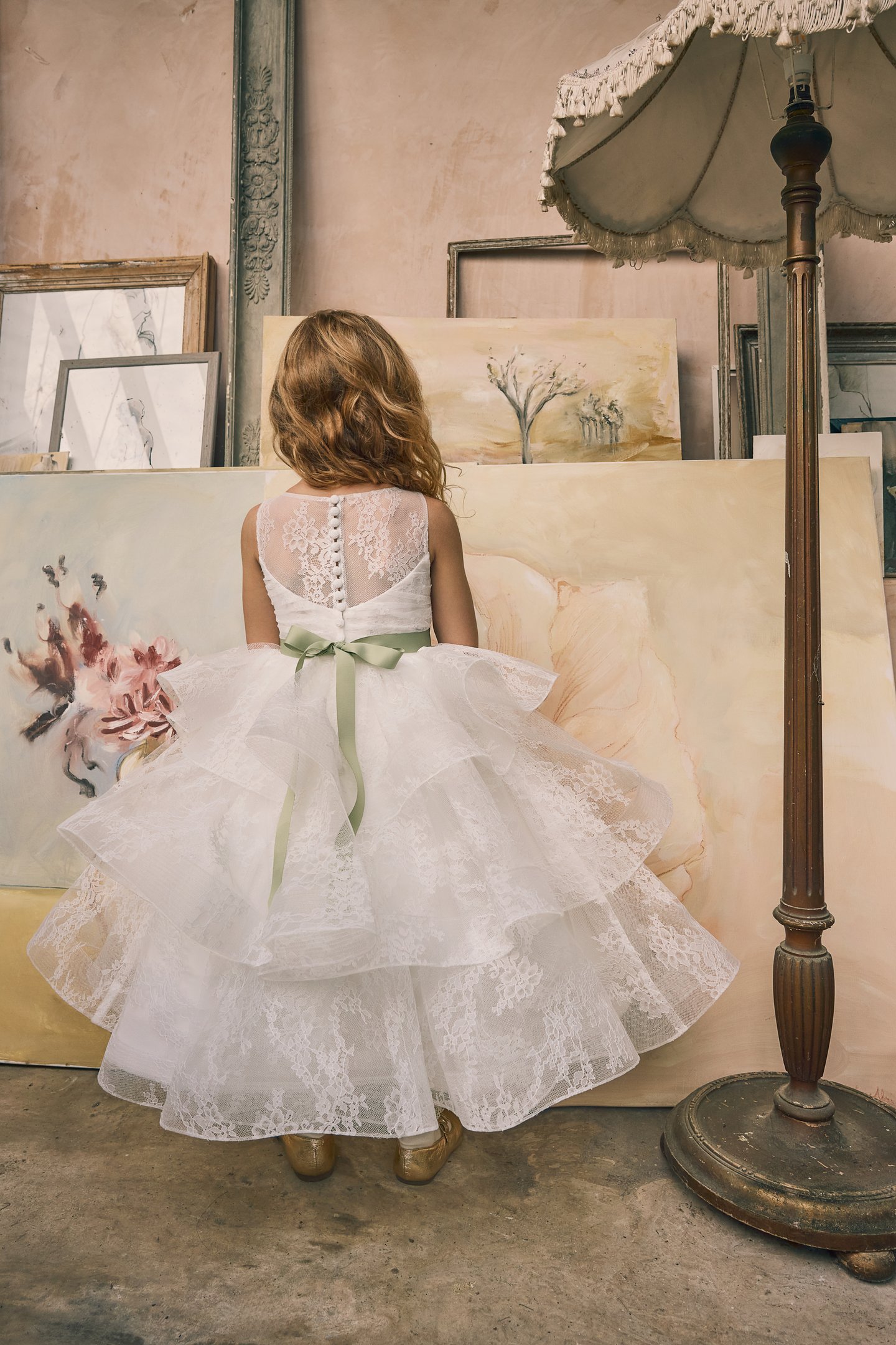 Fable by Justin Alexander Style FG009 Nyah Chantilly Lace Tea Length Ball Gown with Ruffled Tiered Skirt