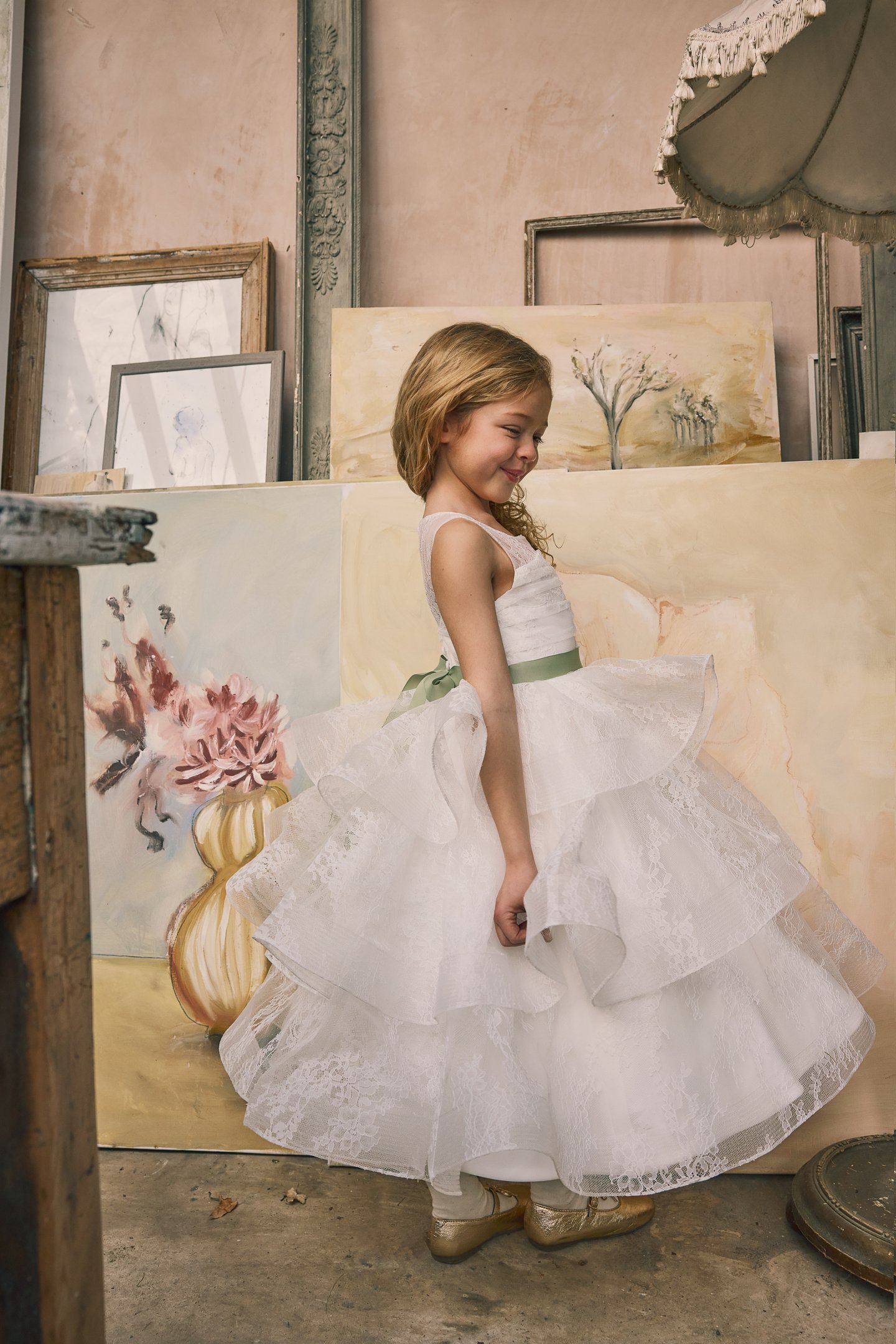 Fable by Justin Alexander Style FG009 Nyah Chantilly Lace Tea Length Ball Gown with Ruffled Tiered Skirt
