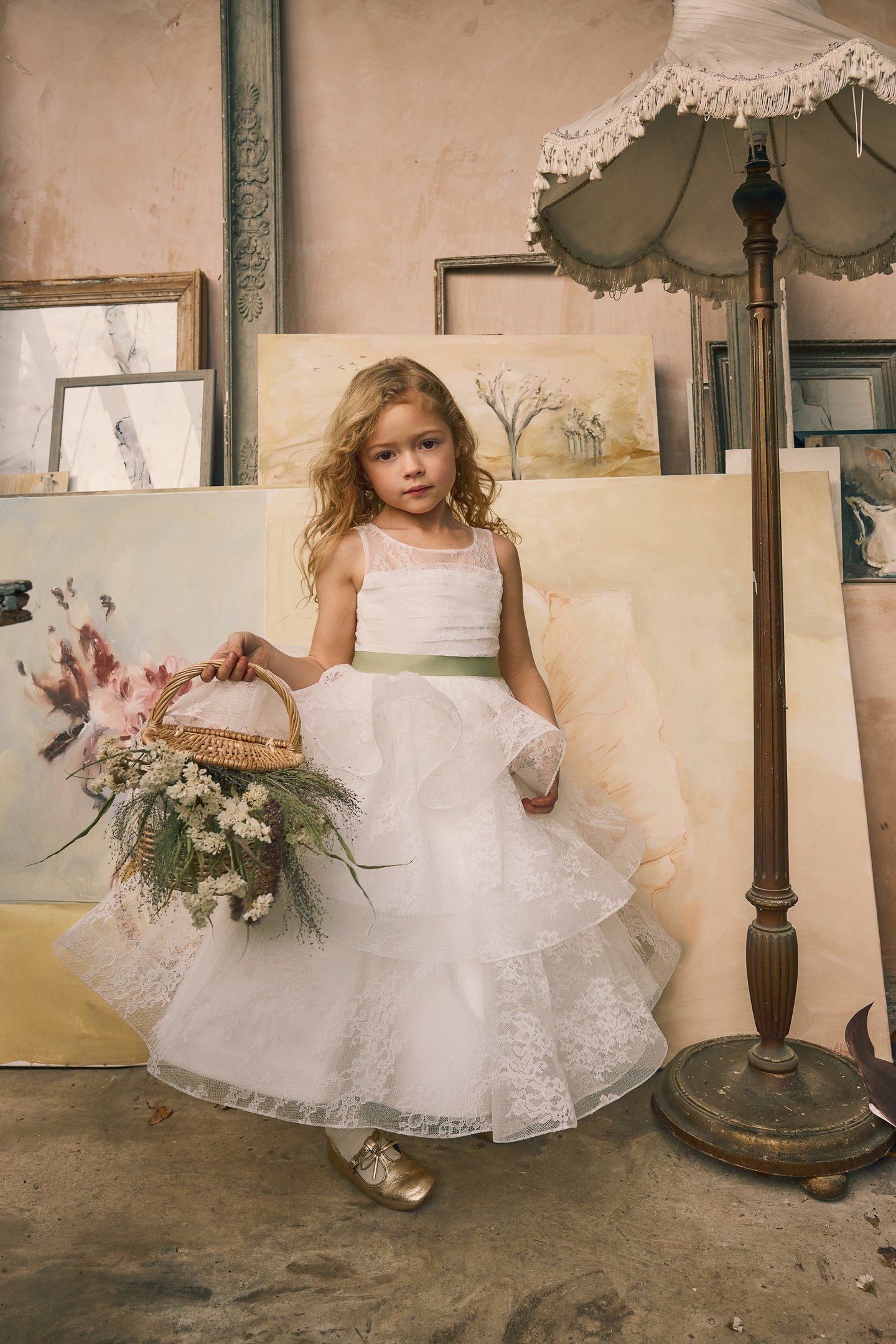 Fable by Justin Alexander Style FG009 Nyah Chantilly Lace Tea Length Ball Gown with Ruffled Tiered Skirt