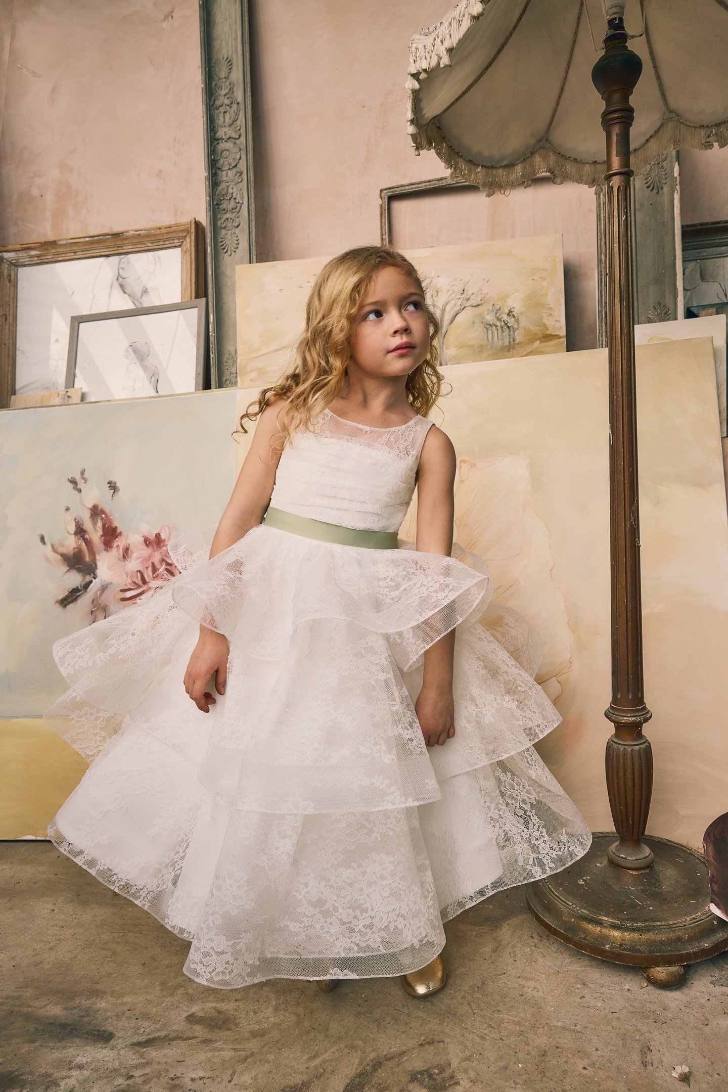 Fable by Justin Alexander Style FG009 Nyah Chantilly Lace Tea Length Ball Gown with Ruffled Tiered Skirt