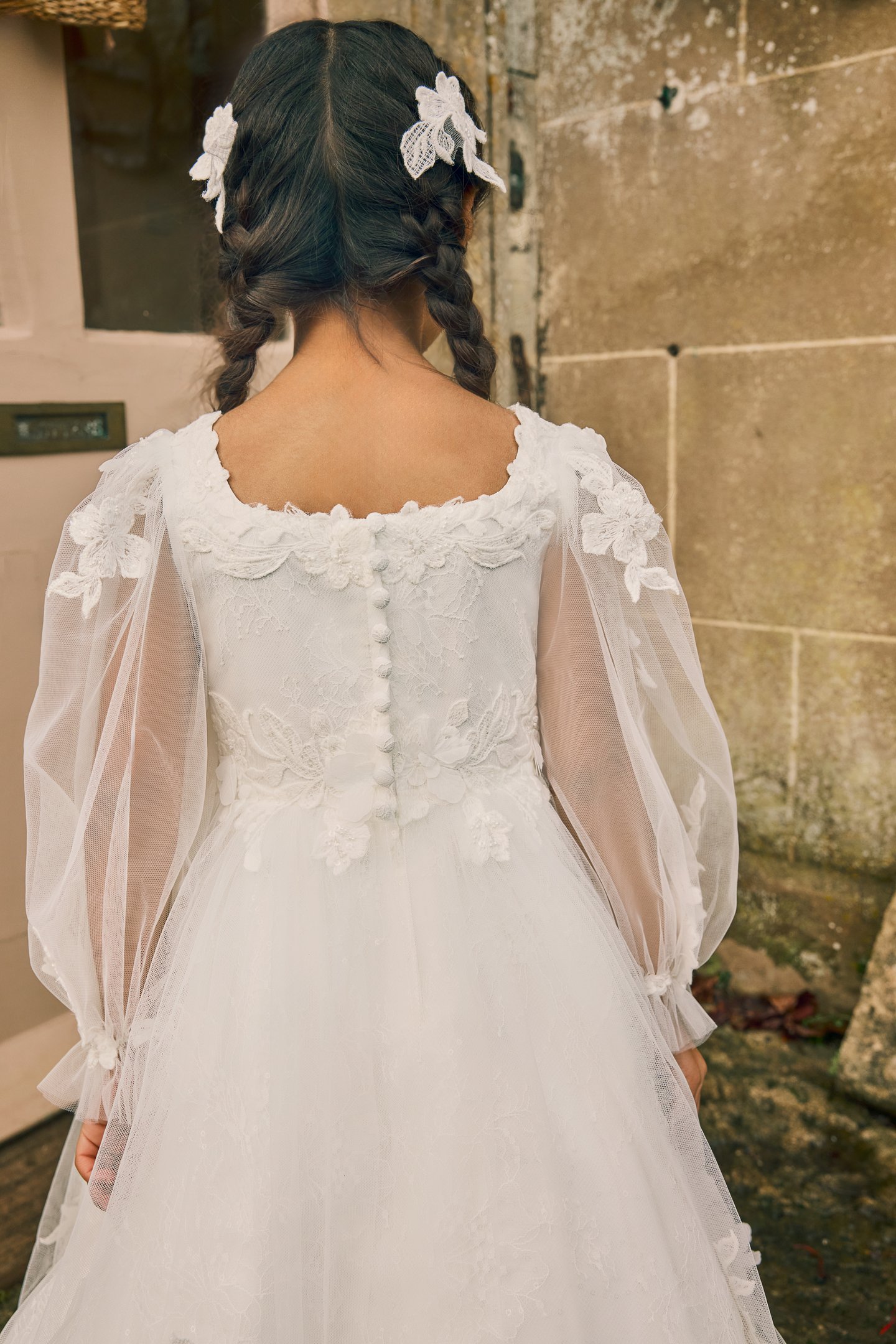 Fable by Justin Alexander Style FG010 Tabitha Lace Tea Length A-Line Dress with Lace Appliqués on Neckline and Waist