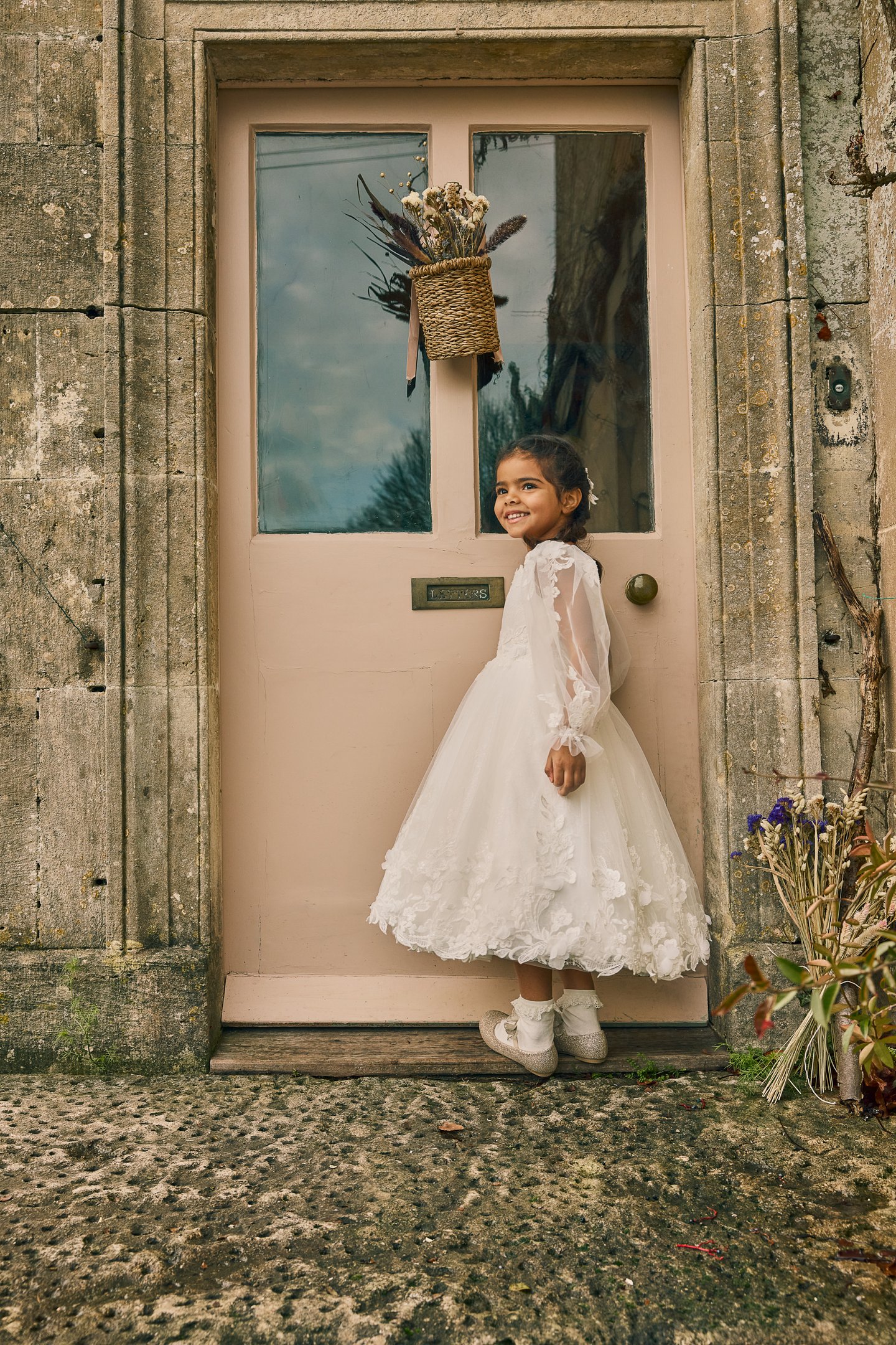Fable by Justin Alexander Style FG010 Tabitha Lace Tea Length A-Line Dress with Lace Appliqués on Neckline and Waist
