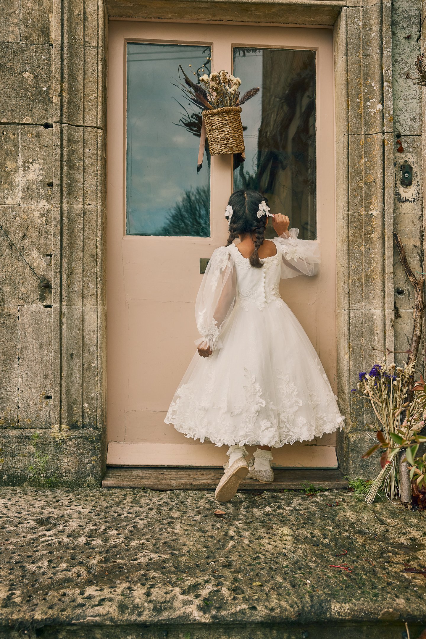 Fable by Justin Alexander Style FG010 Tabitha Lace Tea Length A-Line Dress with Lace Appliqués on Neckline and Waist