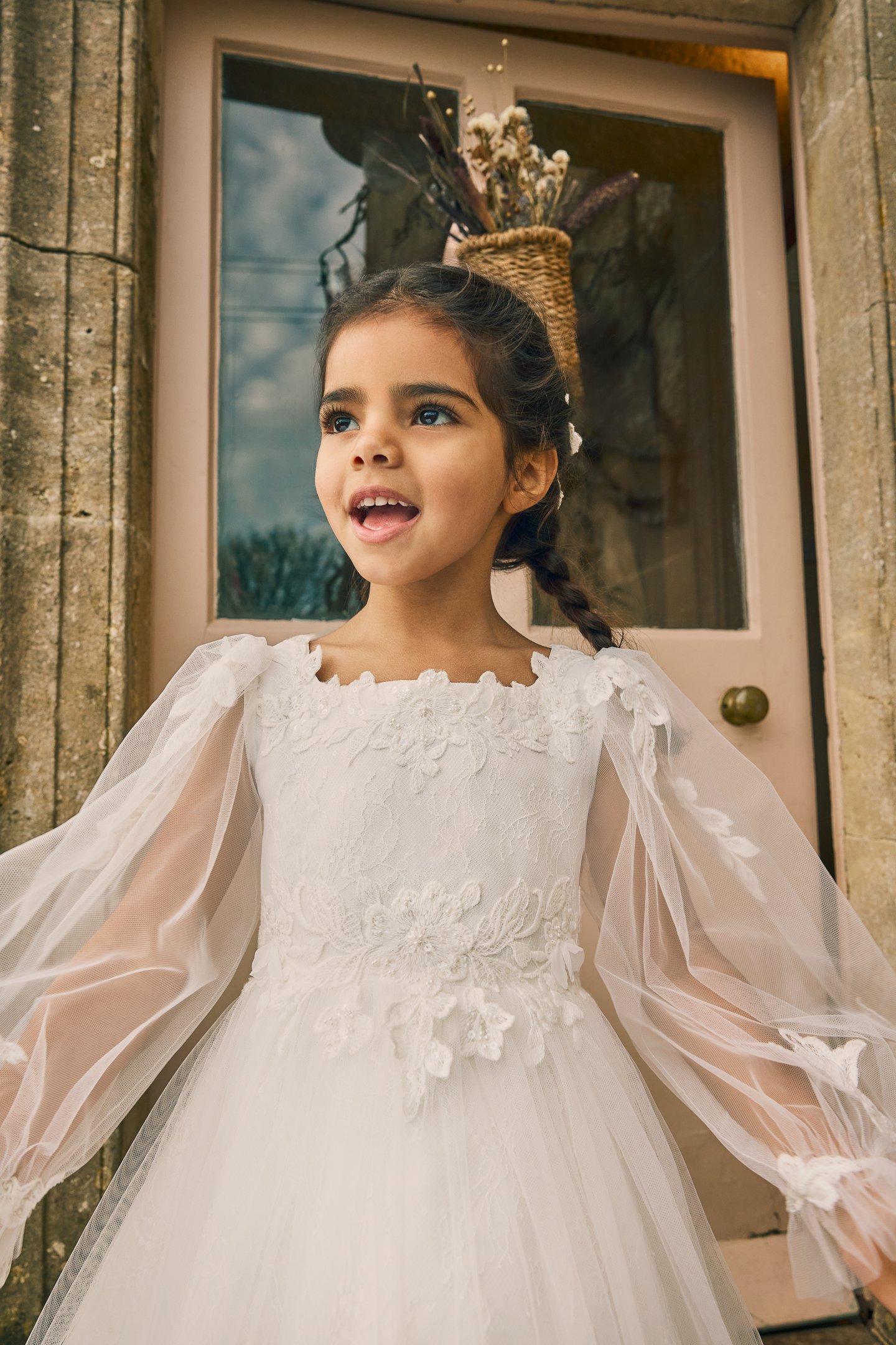 Fable by Justin Alexander Style FG010 Tabitha Lace Tea Length A-Line Dress with Lace Appliqués on Neckline and Waist