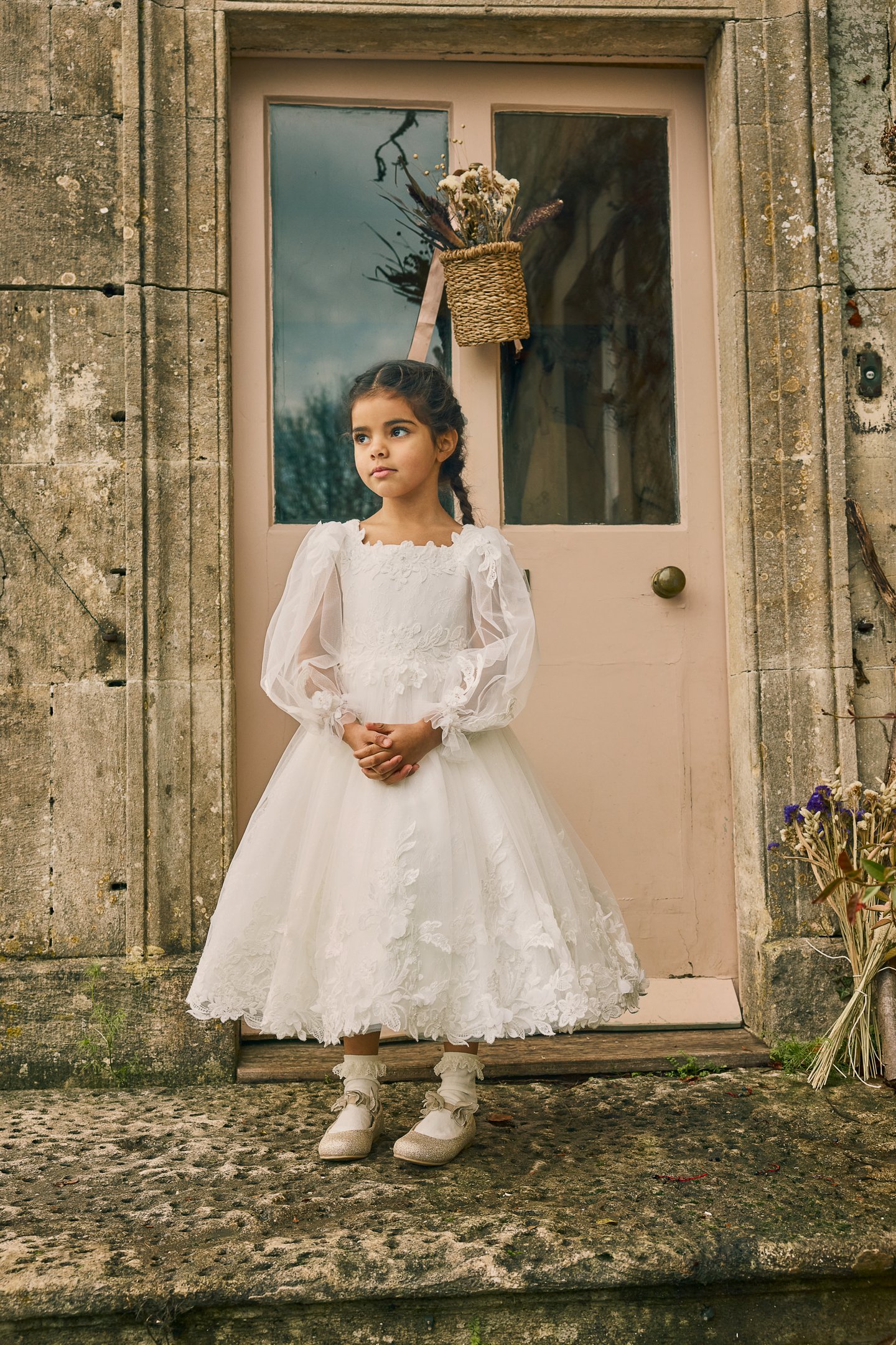 Fable by Justin Alexander Style FG010 Tabitha Lace Tea Length A-Line Dress with Lace Appliqués on Neckline and Waist