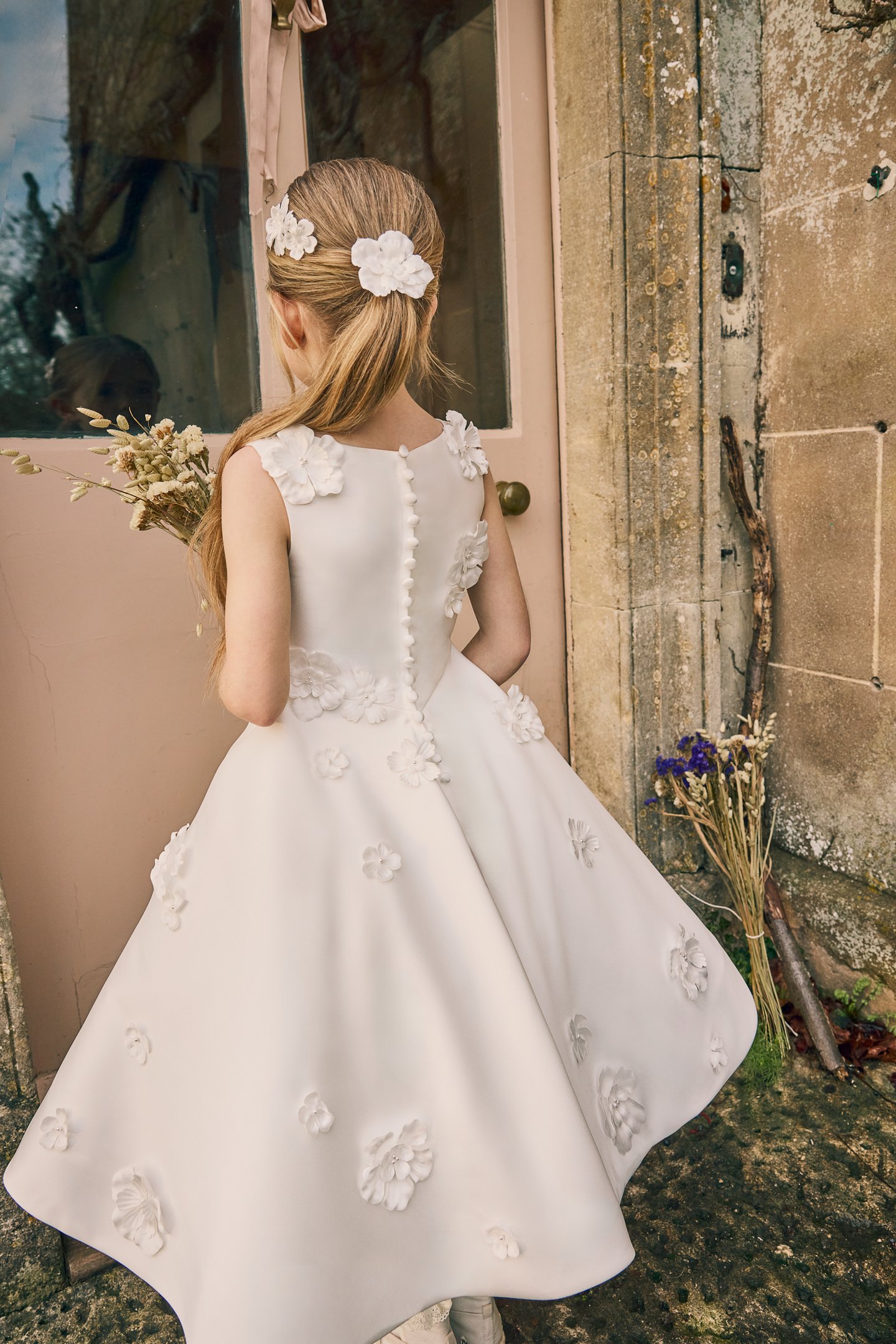 Fable by Justin Alexander Style FG012 Joni Satin Tea Length A-Line Sleeveless Dress with Floral Appliqués Scattered On Shoulder to Waist