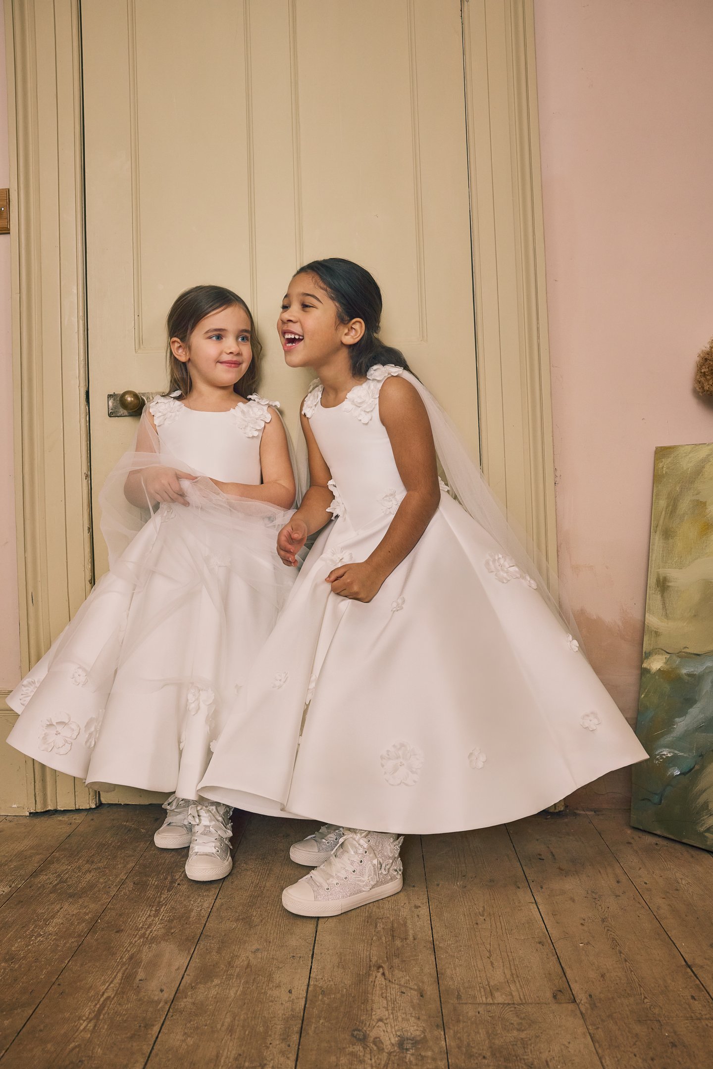 Fable by Justin Alexander Style FG012 Joni Satin Tea Length A-Line Sleeveless Dress with Floral Appliqués Scattered On Shoulder to Waist