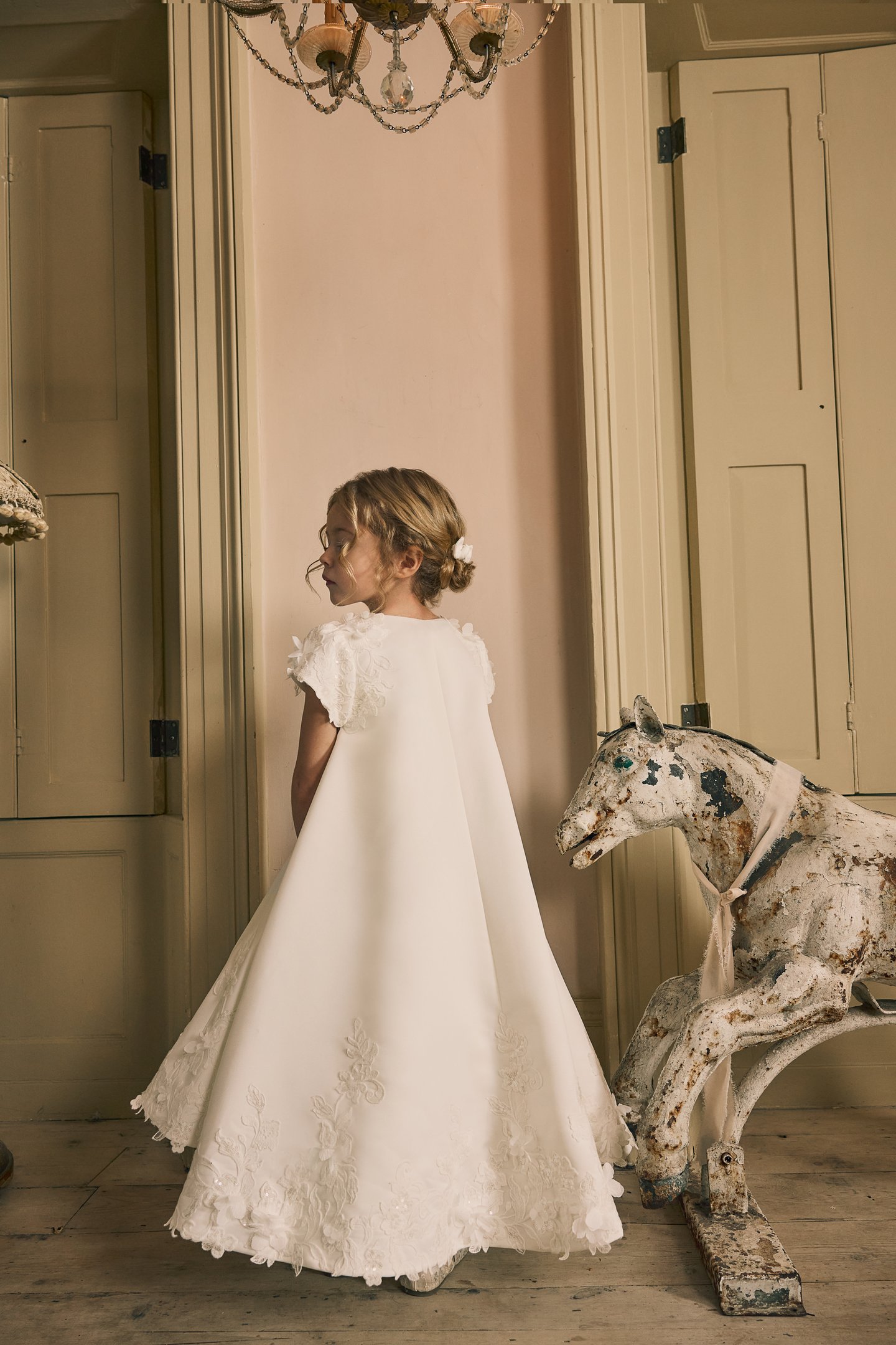 Fable by Justin Alexander Style FG013 Mabel Satin Tea Length A-Line Sleeveless Gown with Lace Appliqués and 3D Florals