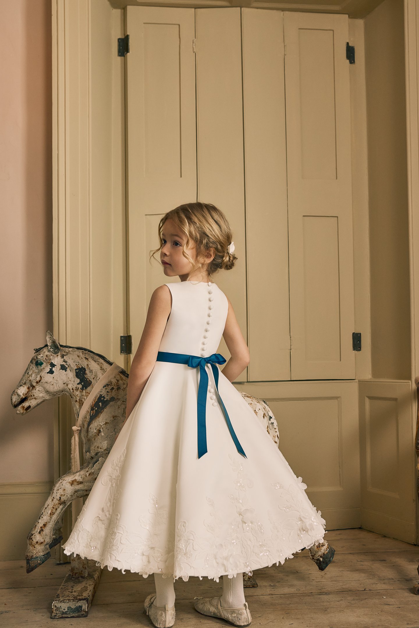 Fable by Justin Alexander Style FG013 Mabel Satin Tea Length A-Line Sleeveless Gown with Lace Appliqués and 3D Florals