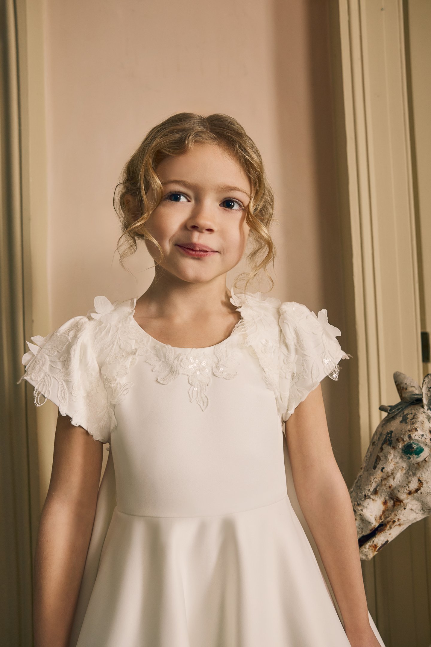 Fable by Justin Alexander Style FG013 Mabel Satin Tea Length A-Line Sleeveless Gown with Lace Appliqués and 3D Florals