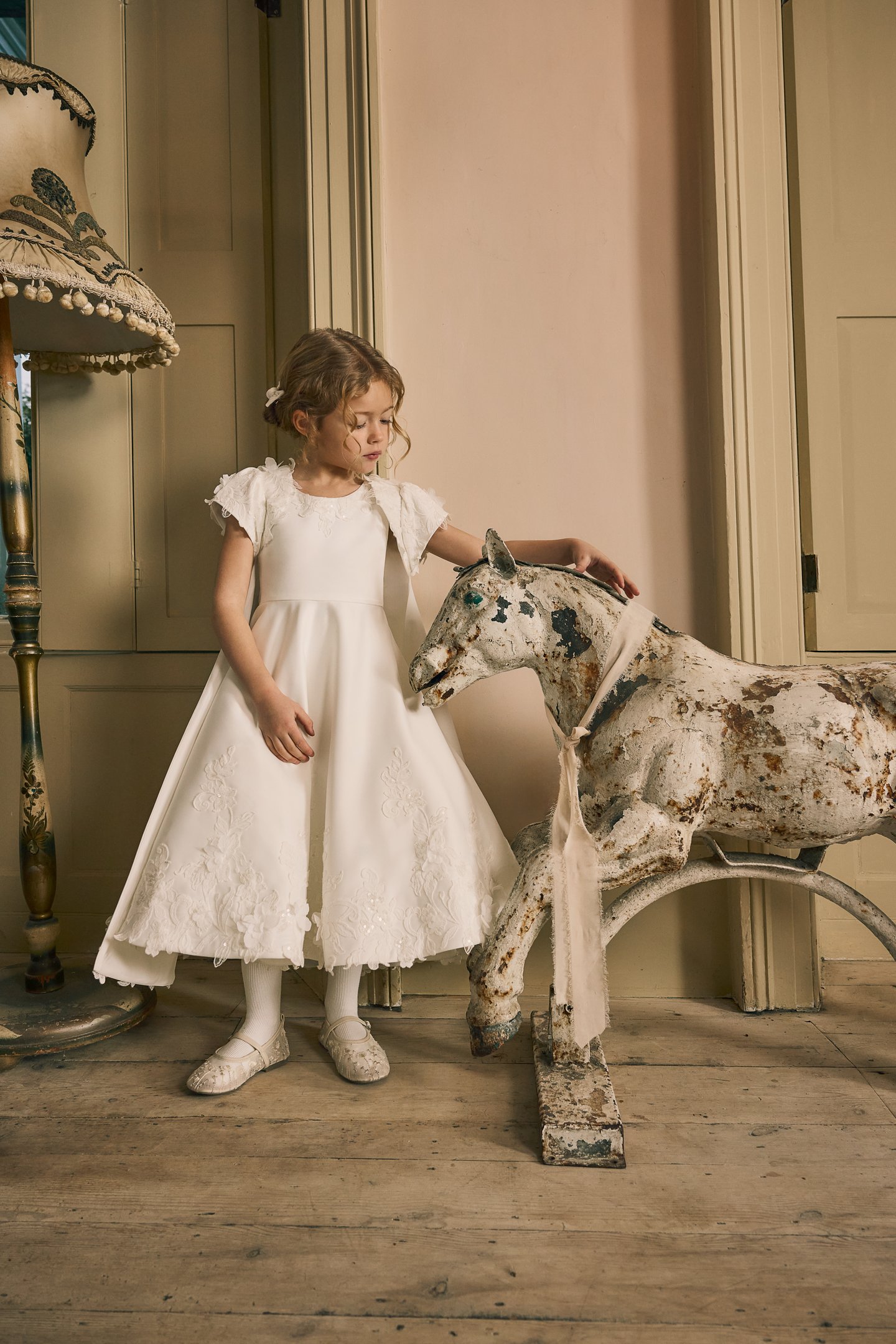 Fable by Justin Alexander Style FG013 Mabel Satin Tea Length A-Line Sleeveless Gown with Lace Appliqués and 3D Florals