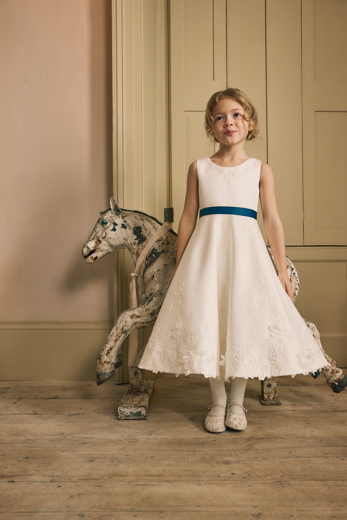 Fable by Justin Alexander Style FG013 Mabel Satin Tea Length A-Line Sleeveless Gown with Lace Appliqués and 3D Florals