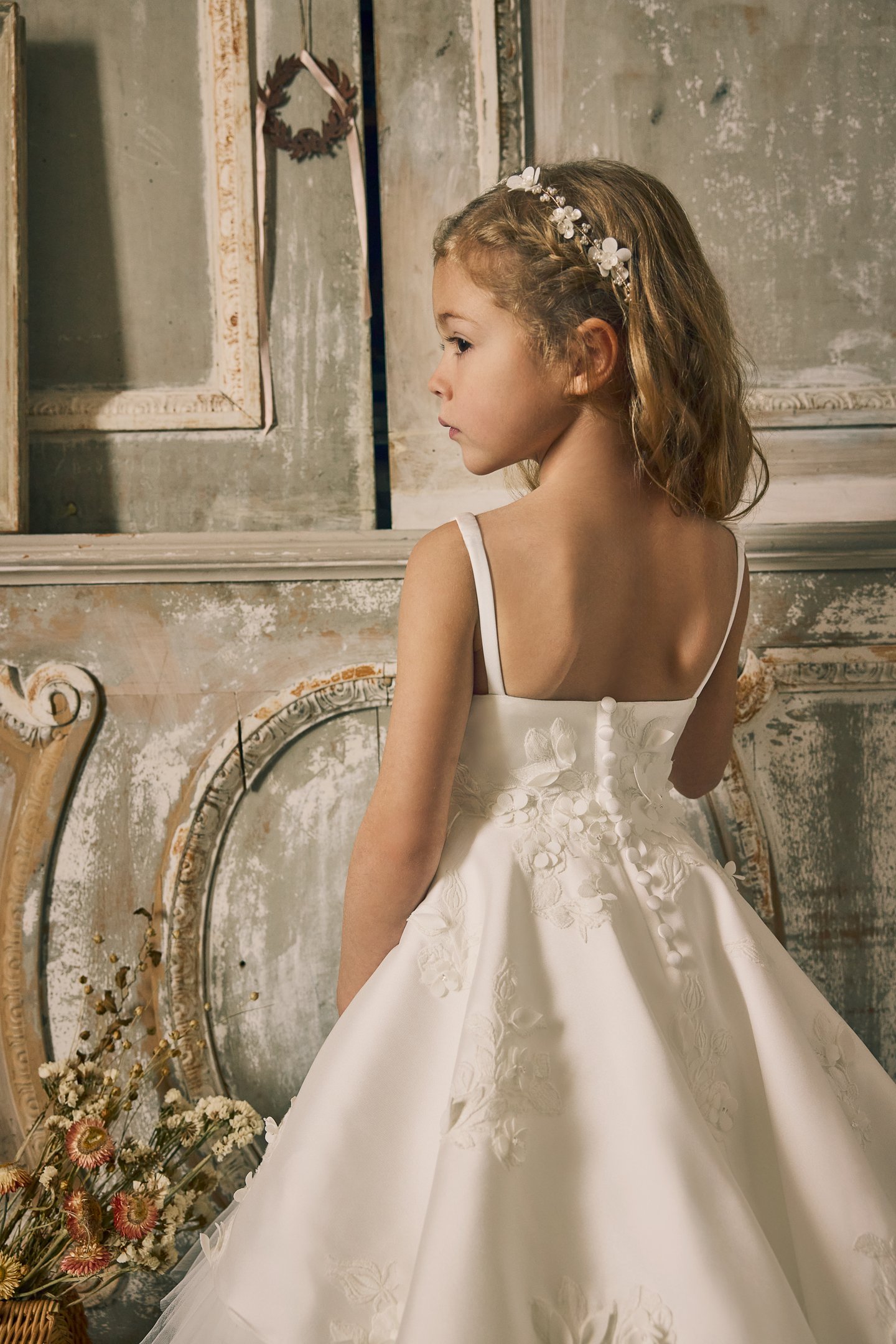 Fable by Justin Alexander Style FG014 Dixie Mikado Tea Length A-Line Gown with Matte Lace Appliqués on Bodice and Tulle Underskirt