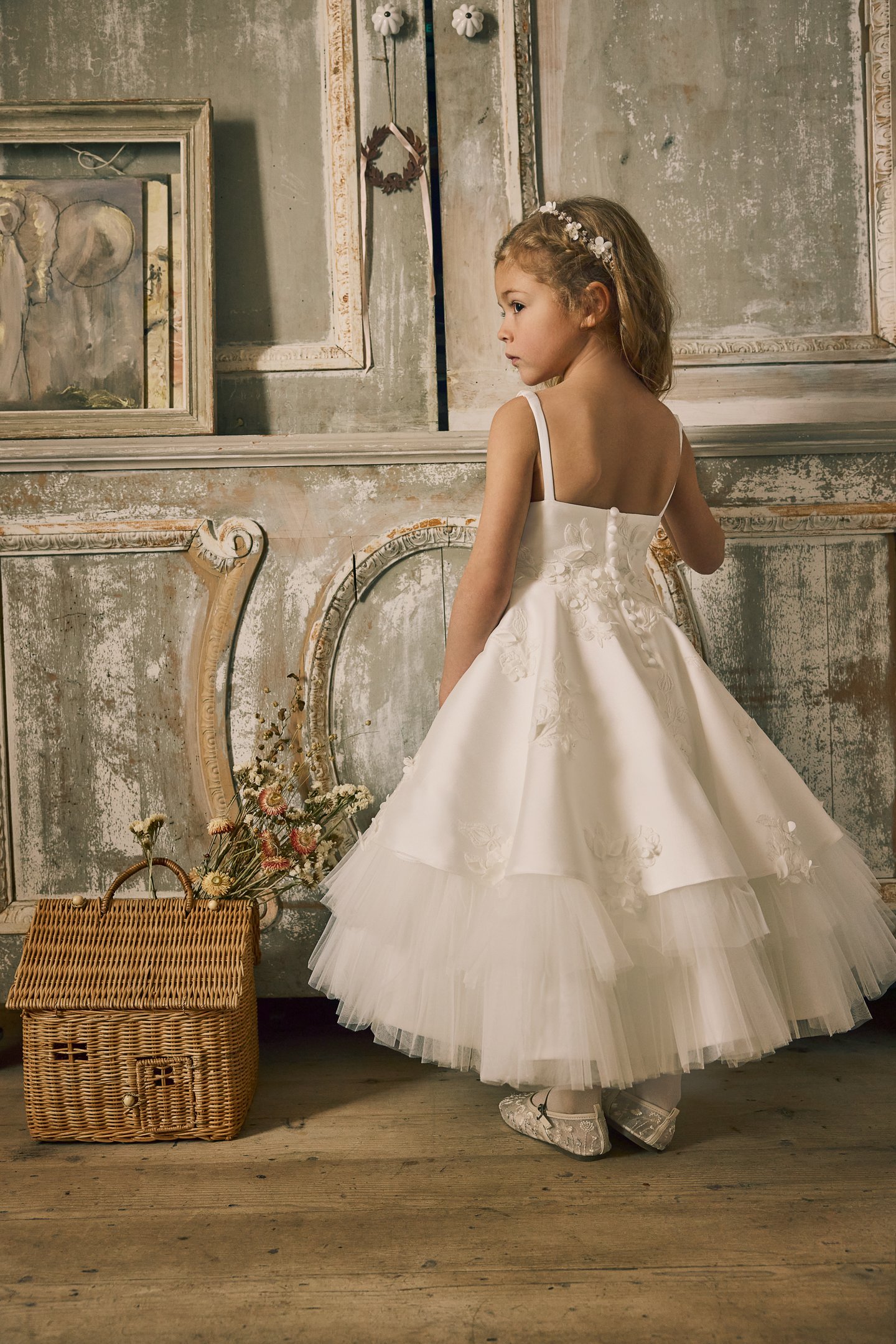 Fable by Justin Alexander Style FG014 Dixie Mikado Tea Length A-Line Gown with Matte Lace Appliqués on Bodice and Tulle Underskirt