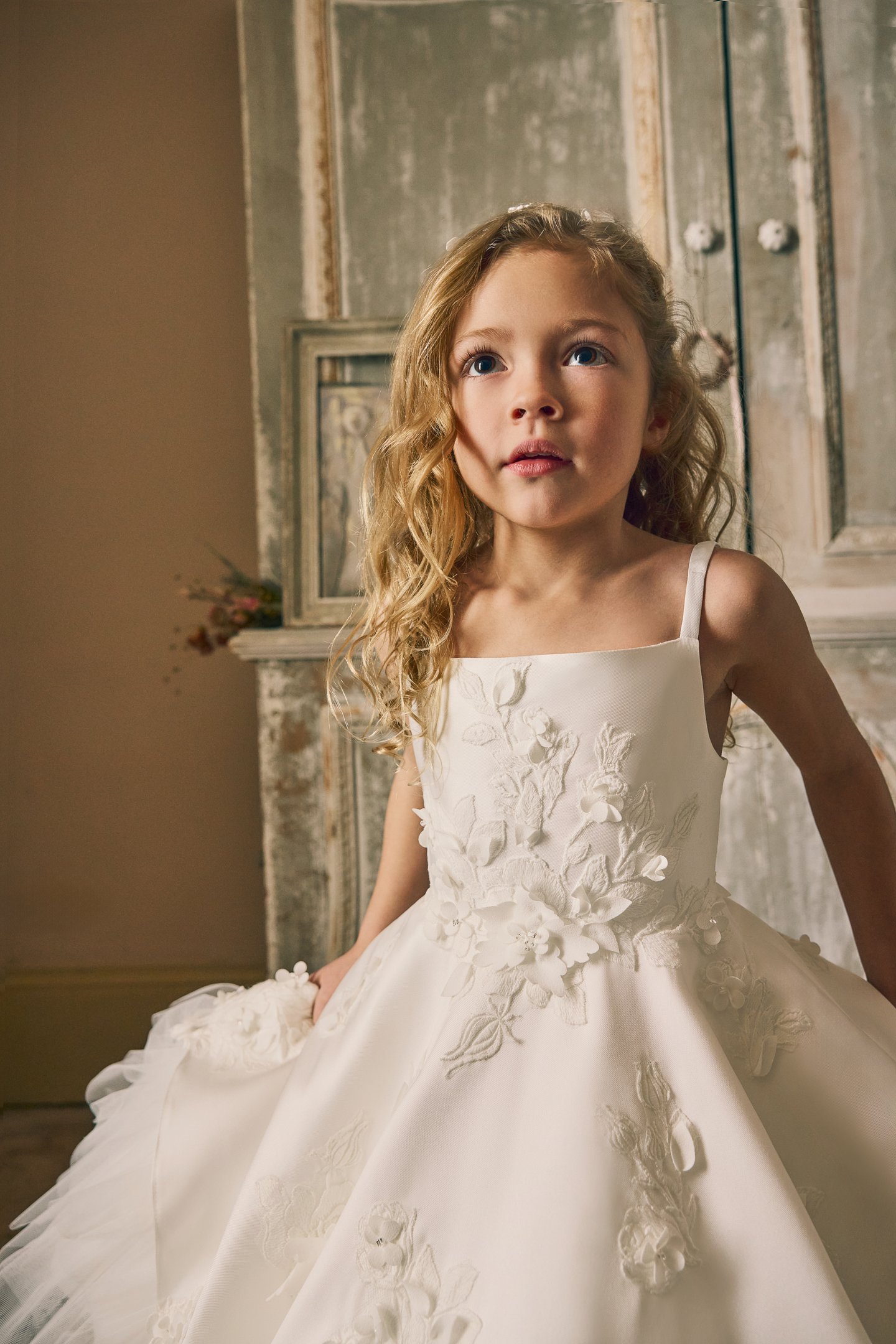 Fable by Justin Alexander Style FG014 Dixie Mikado Tea Length A-Line Gown with Matte Lace Appliqués on Bodice and Tulle Underskirt
