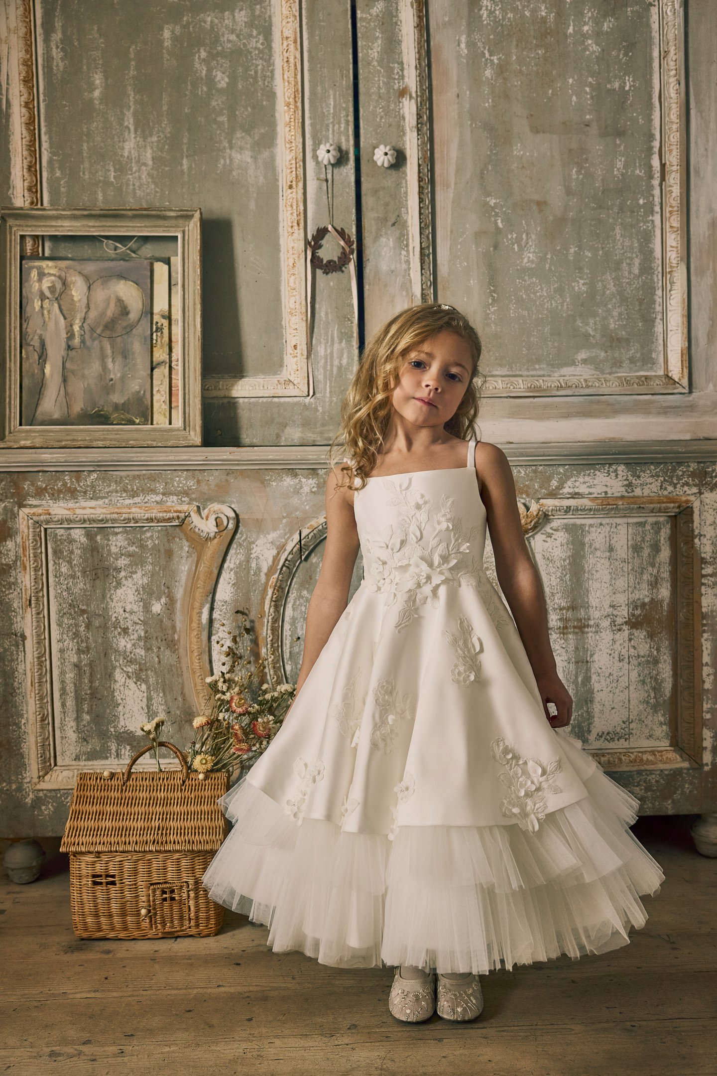 Fable by Justin Alexander Style FG014 Dixie Mikado Tea Length A-Line Gown with Matte Lace Appliqués on Bodice and Tulle Underskirt