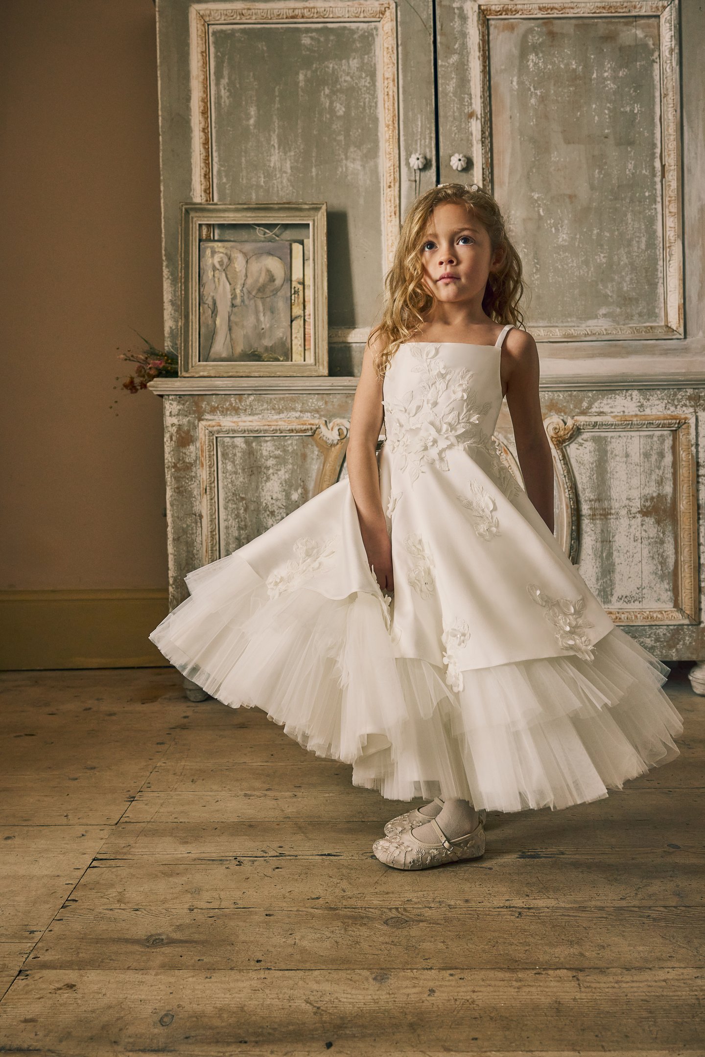Fable by Justin Alexander Style FG014 Dixie Mikado Tea Length A-Line Gown with Matte Lace Appliqués on Bodice and Tulle Underskirt