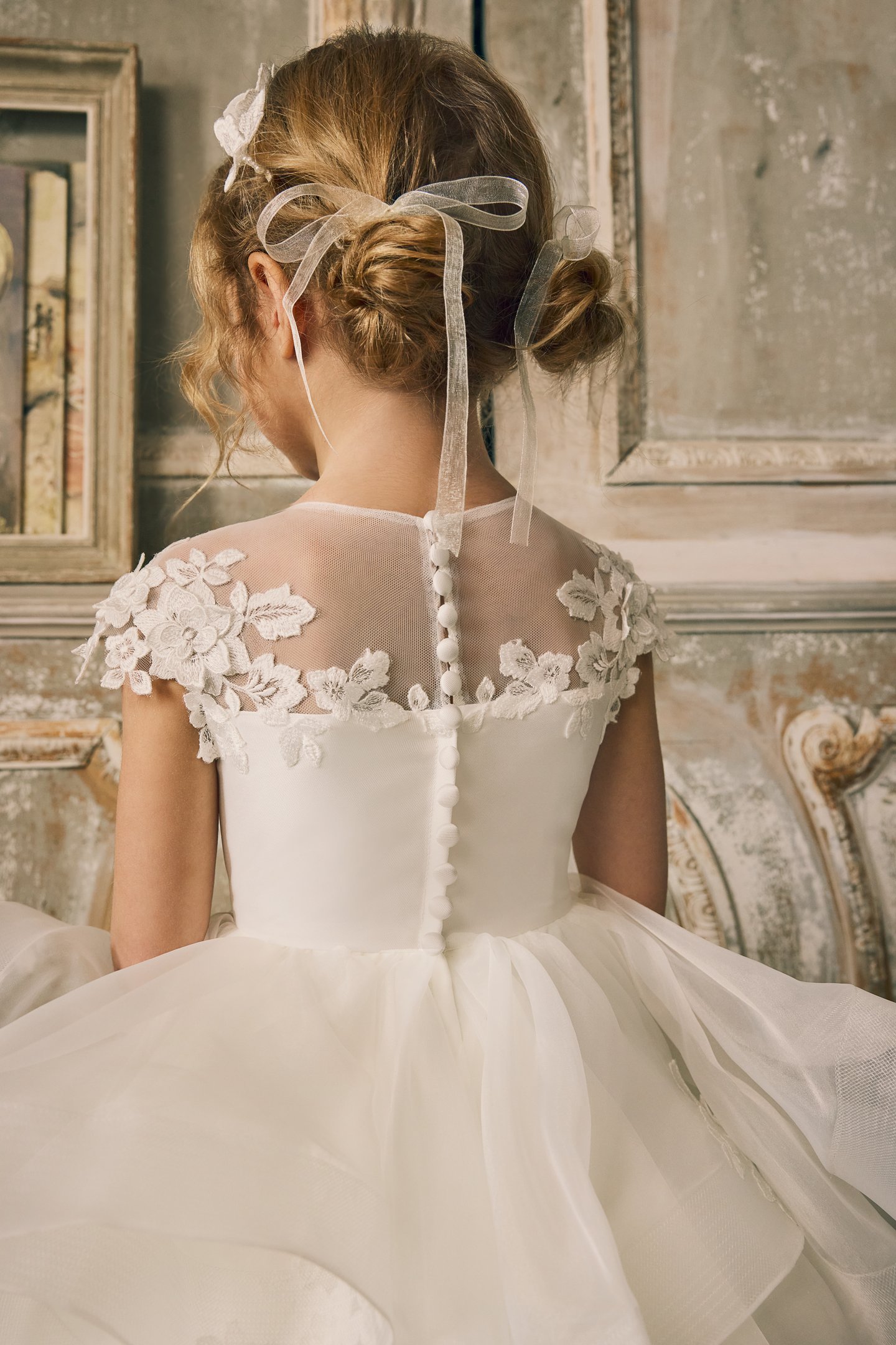 Fable by Justin Alexander Style FG015 Norah Organza Tea Length Ball Gown with Illusion Neckline, Floral Lace Appliqués, and Ruffled Layered Skirt