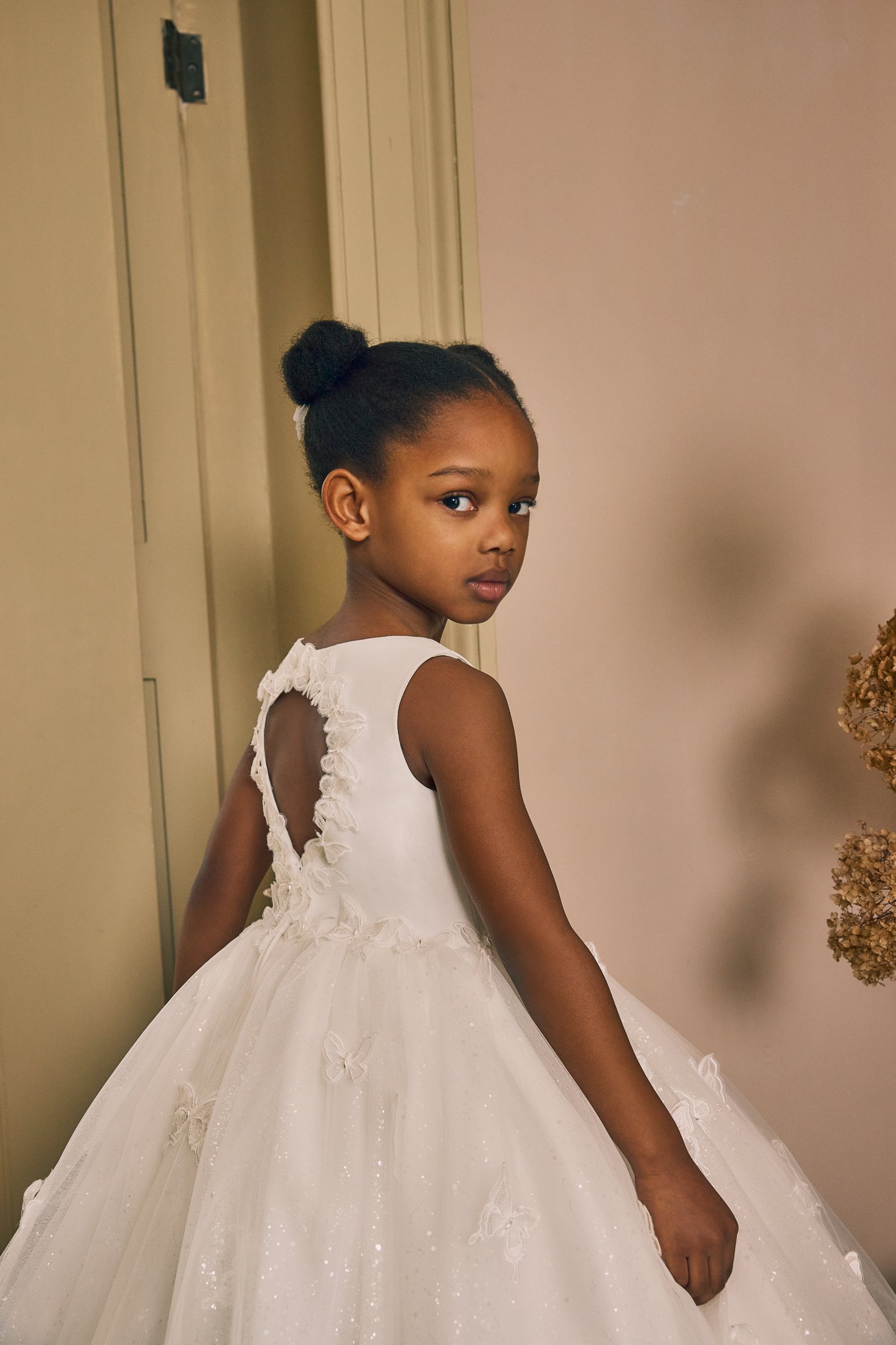 Fable by Justin Alexander Style FG016 Arabella Sparkle Tulle Tea Length Ball Gown with Butterfly Lace Appliqués and Keyhole Back