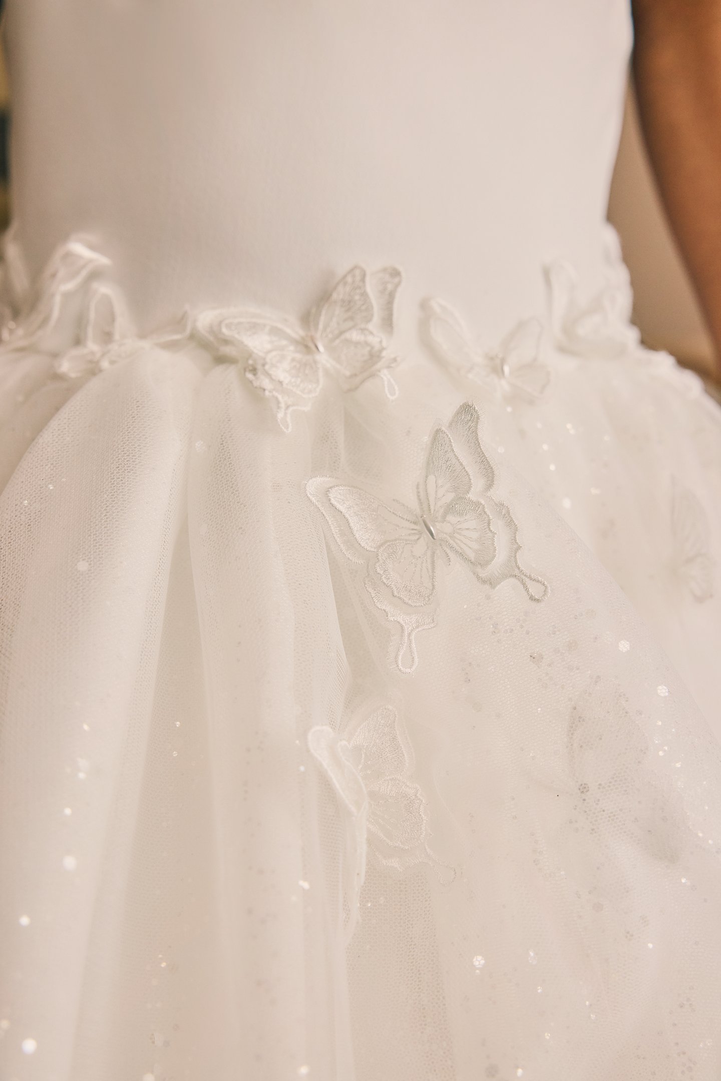 Fable by Justin Alexander Style FG016 Arabella Sparkle Tulle Tea Length Ball Gown with Butterfly Lace Appliqués and Keyhole Back