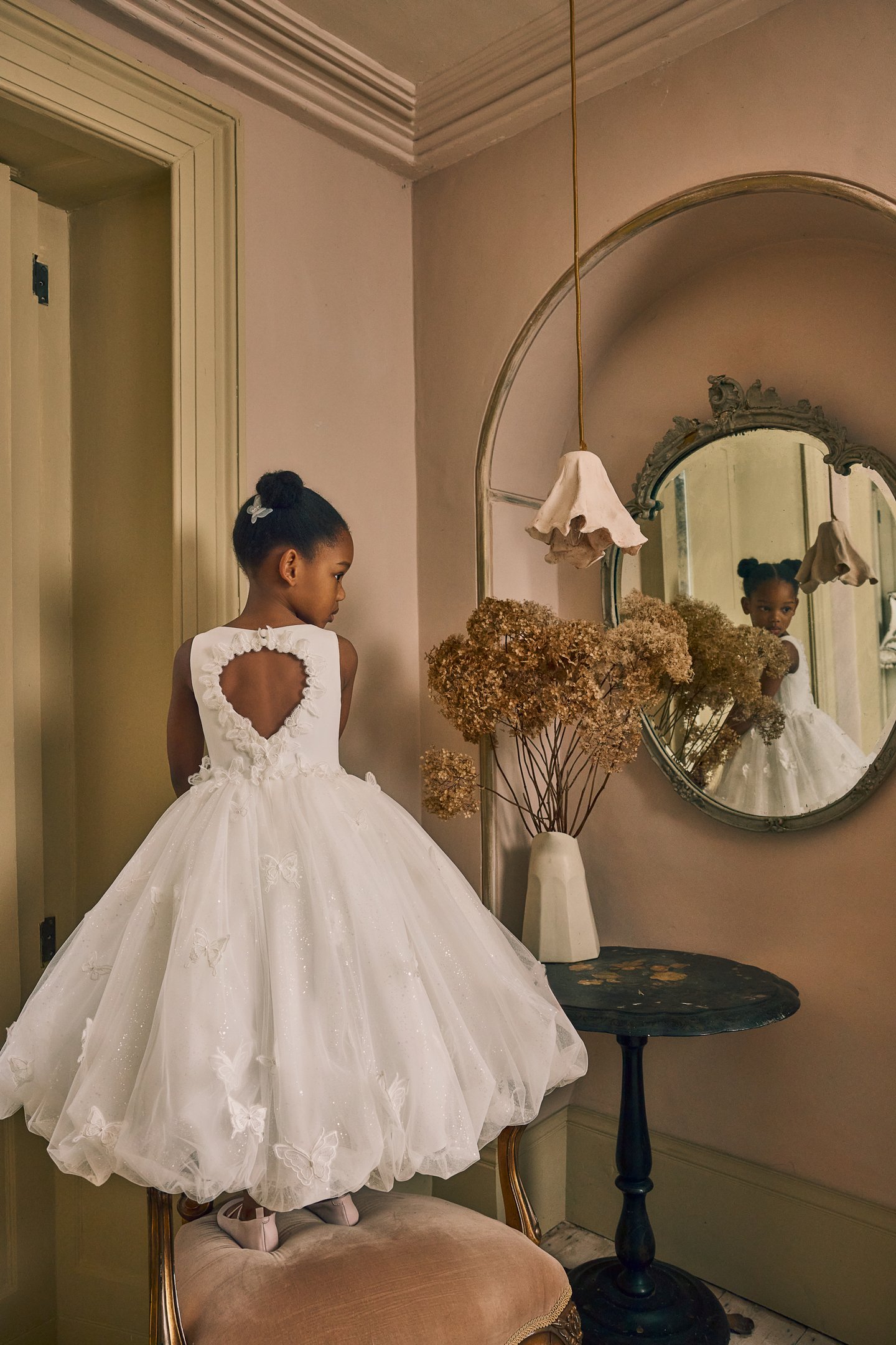 Fable by Justin Alexander Style FG016 Arabella Sparkle Tulle Tea Length Ball Gown with Butterfly Lace Appliqués and Keyhole Back