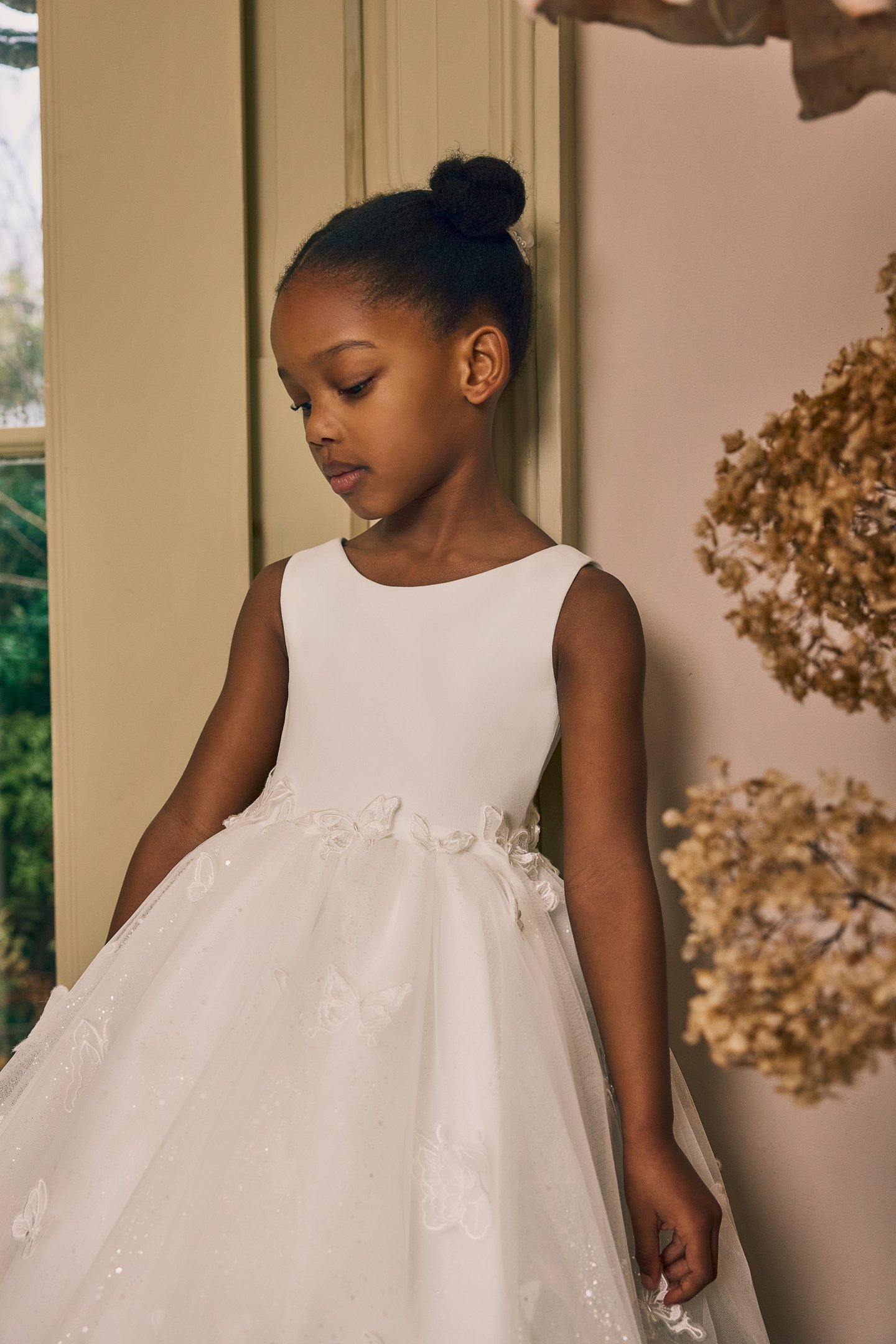 Fable by Justin Alexander Style FG016 Arabella Sparkle Tulle Tea Length Ball Gown with Butterfly Lace Appliqués and Keyhole Back