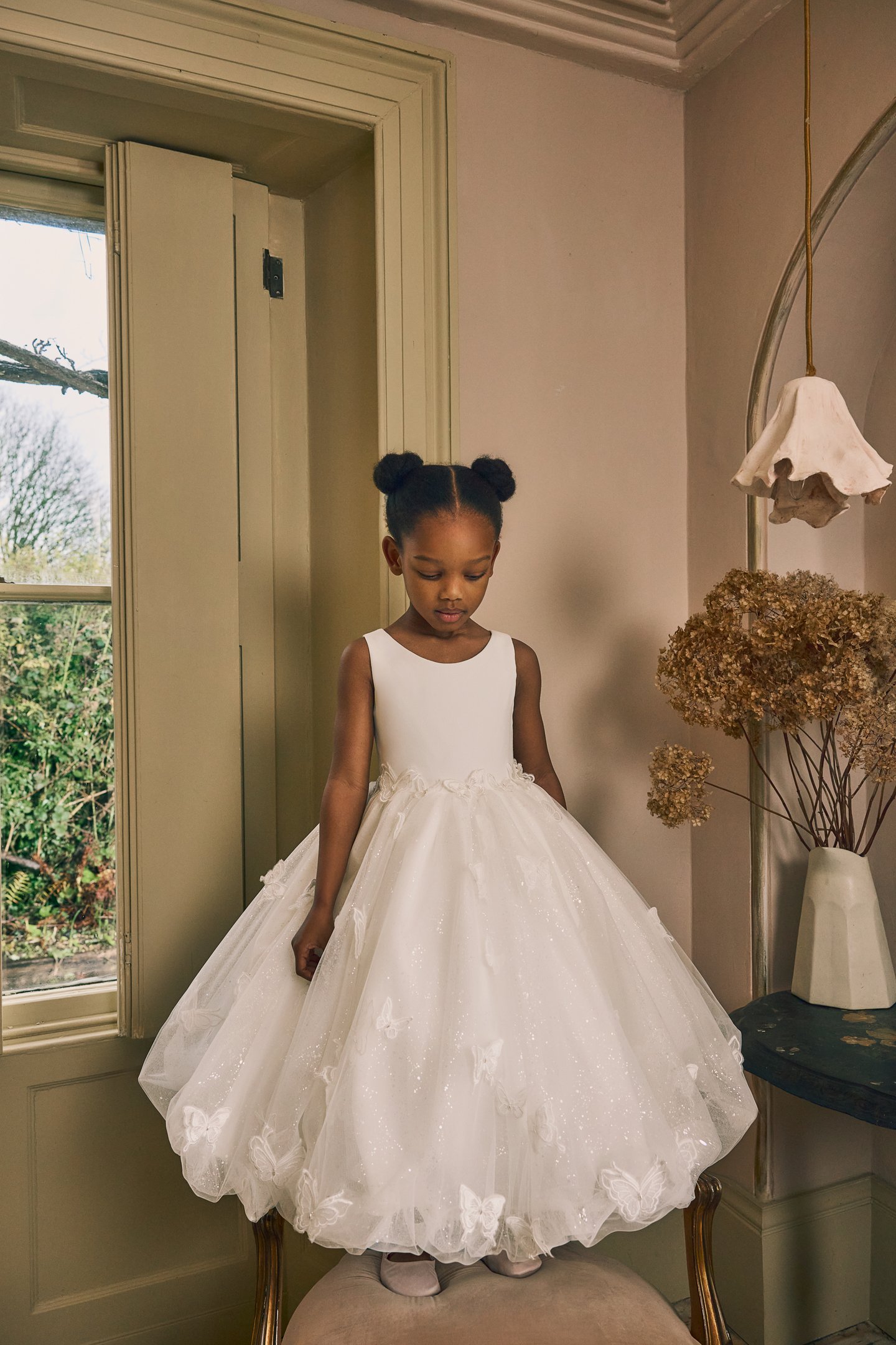Fable by Justin Alexander Style FG016 Arabella Sparkle Tulle Tea Length Ball Gown with Butterfly Lace Appliqués and Keyhole Back