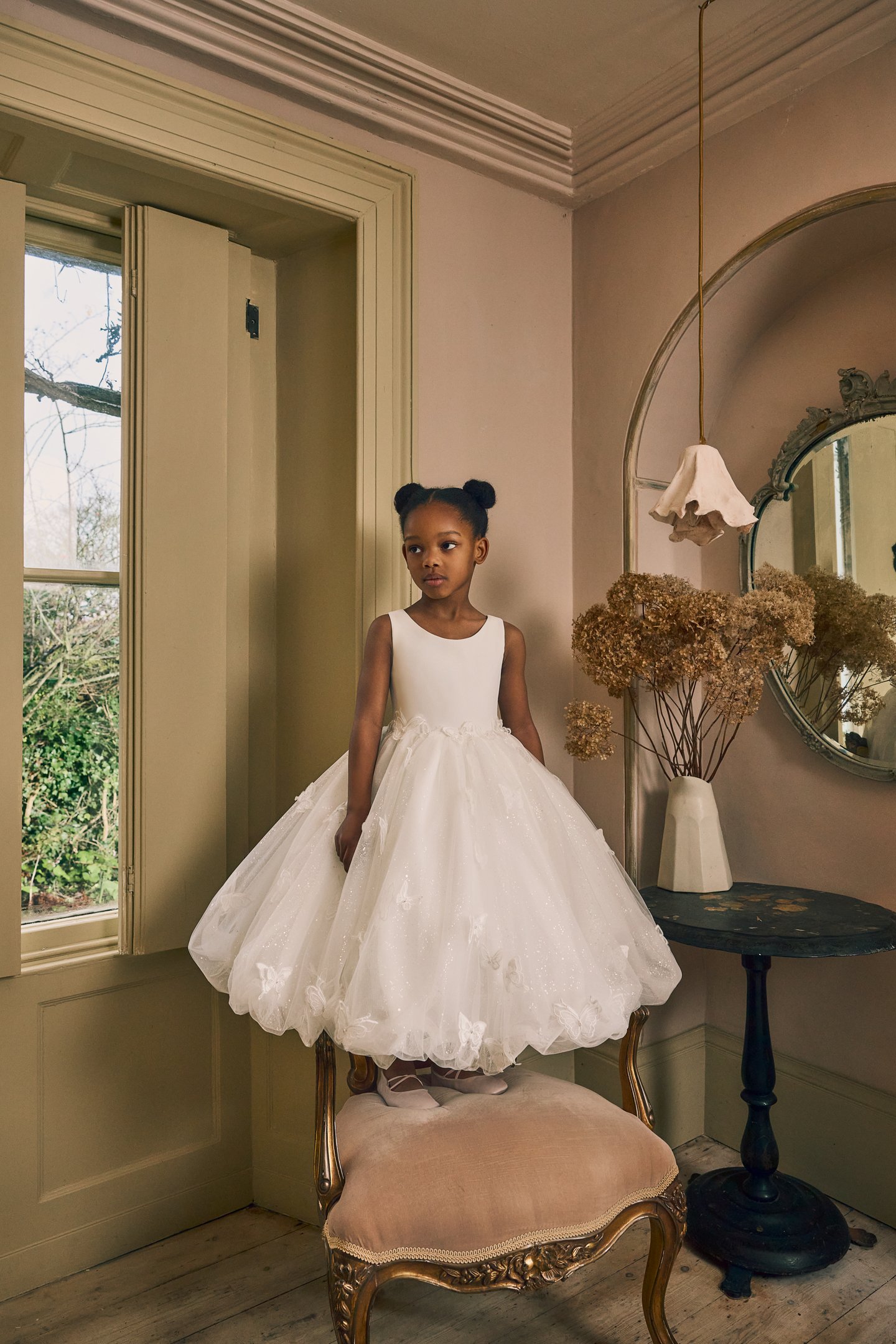 Fable by Justin Alexander Style FG016 Arabella Sparkle Tulle Tea Length Ball Gown with Butterfly Lace Appliqués and Keyhole Back