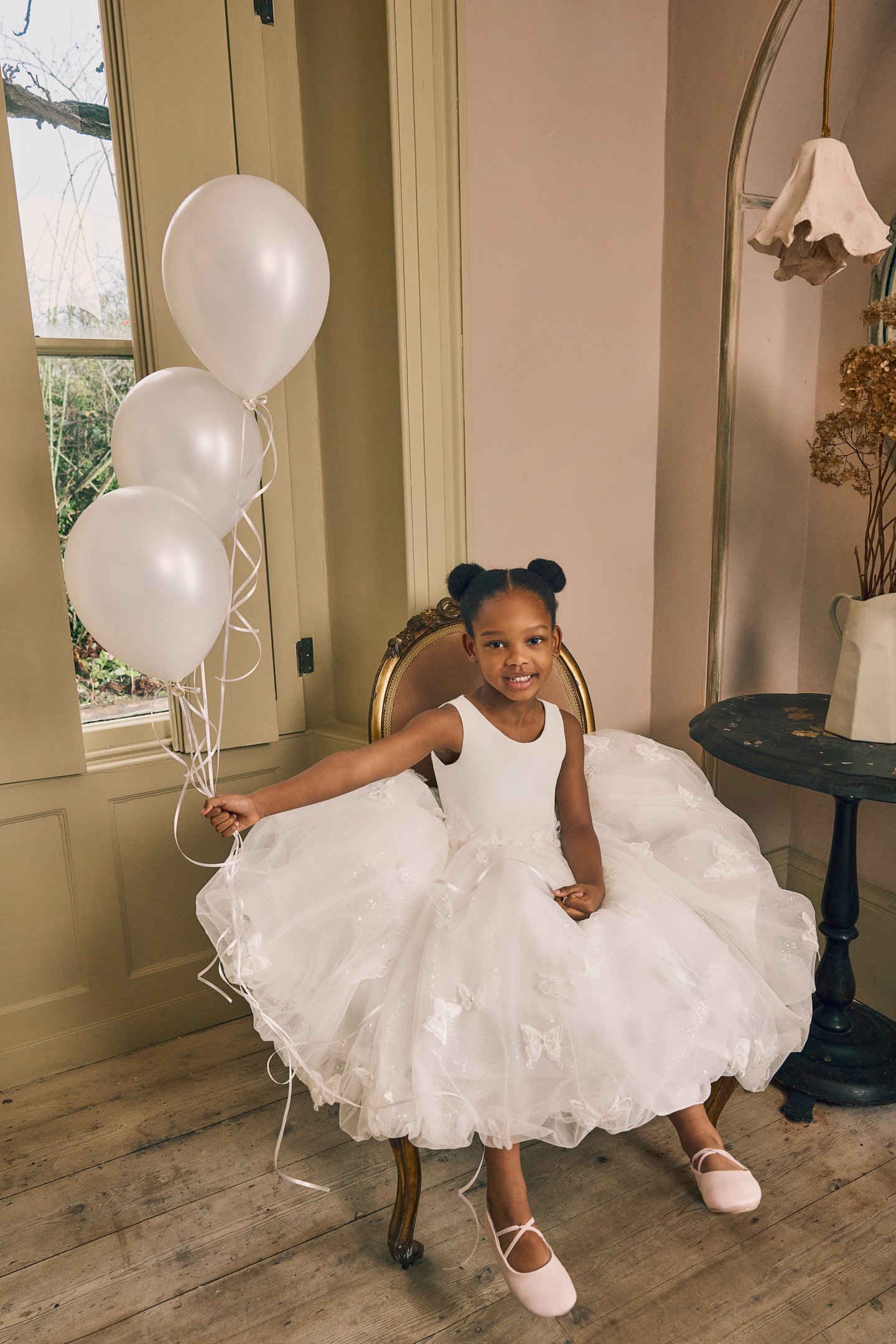 Fable by Justin Alexander Style FG016 Arabella Sparkle Tulle Tea Length Ball Gown with Butterfly Lace Appliqués and Keyhole Back
