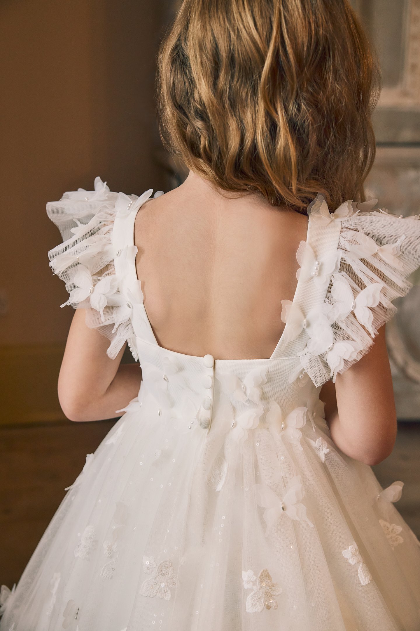 Fable by Justin Alexander Style FG017 Ottilie Sparkling Tulle Tea Length Ball Gown with 3D Tulle Butterfly Appliqués Throughout