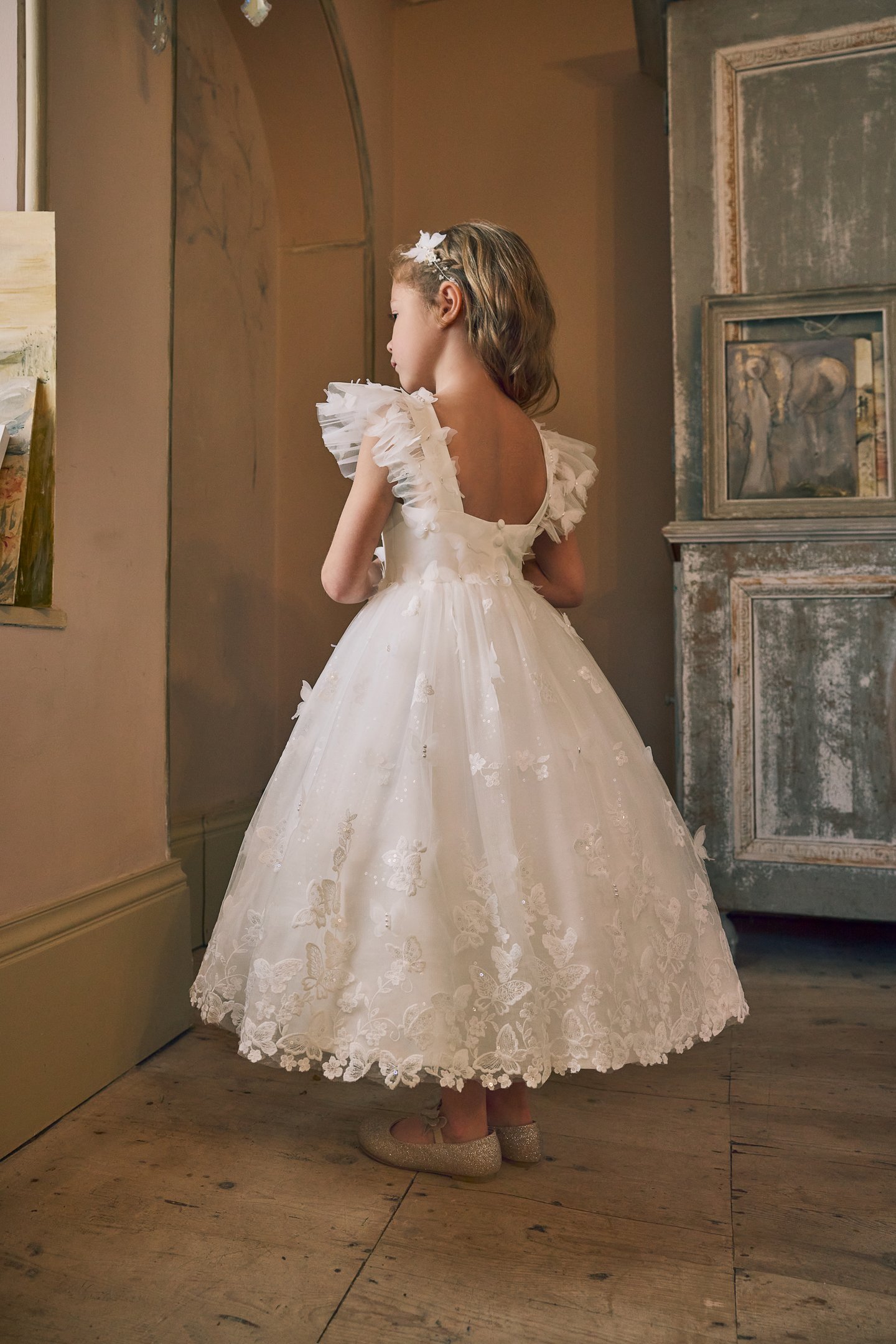 Fable by Justin Alexander Style FG017 Ottilie Sparkling Tulle Tea Length Ball Gown with 3D Tulle Butterfly Appliqués Throughout
